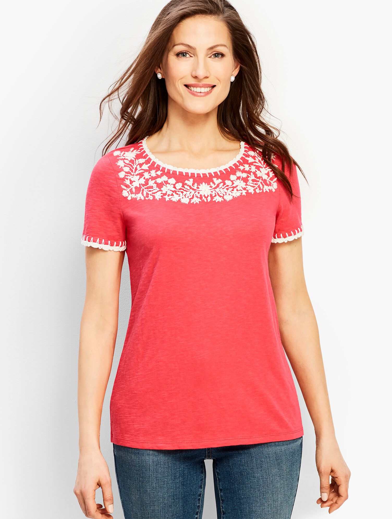 K*H様 YOKE EMBROIDERY ORGANIC COTTON T-SH Embroidered-Yoke Crochet Trim Tee | Talbots