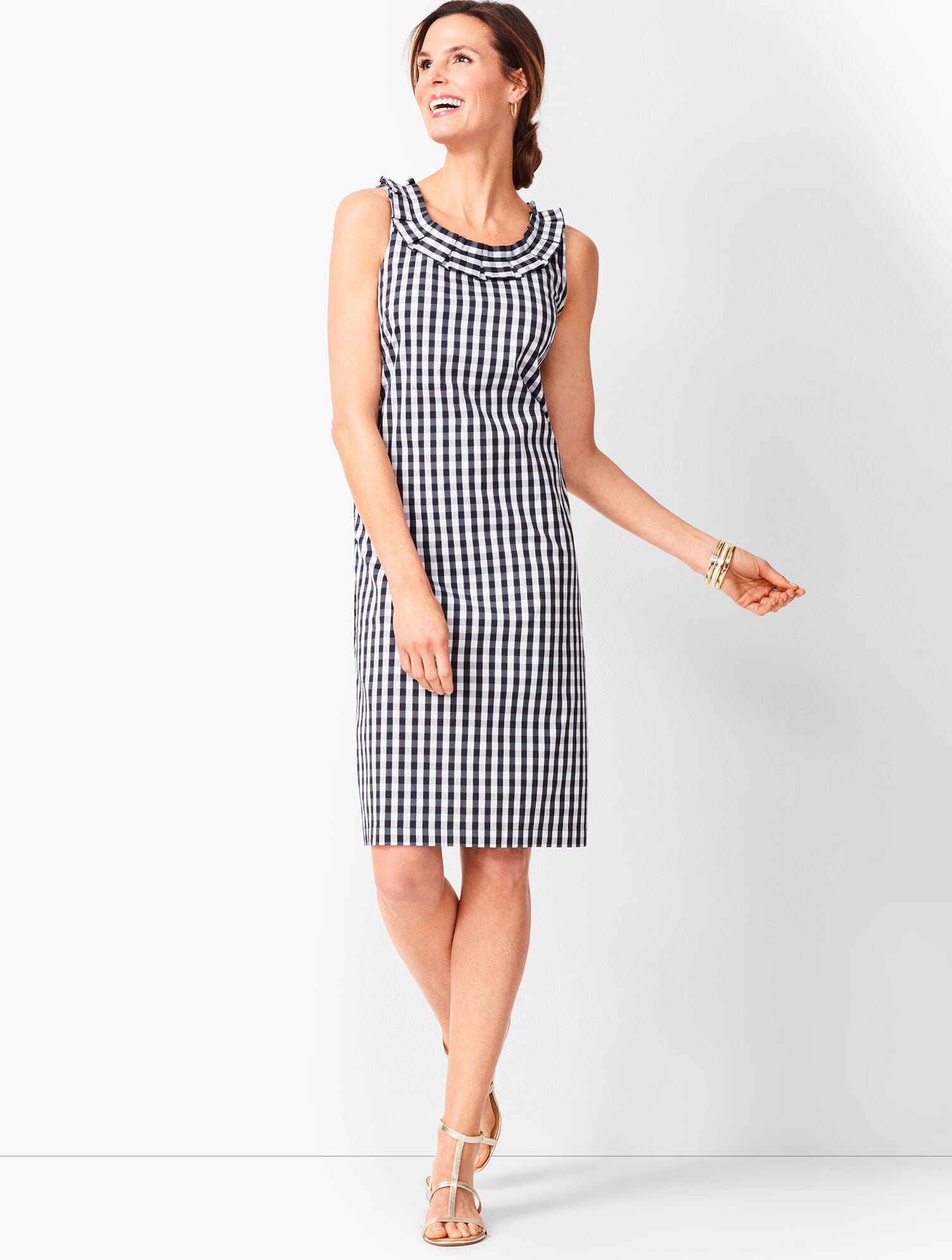 Pleat-Neck Sheath Dress - Gingham