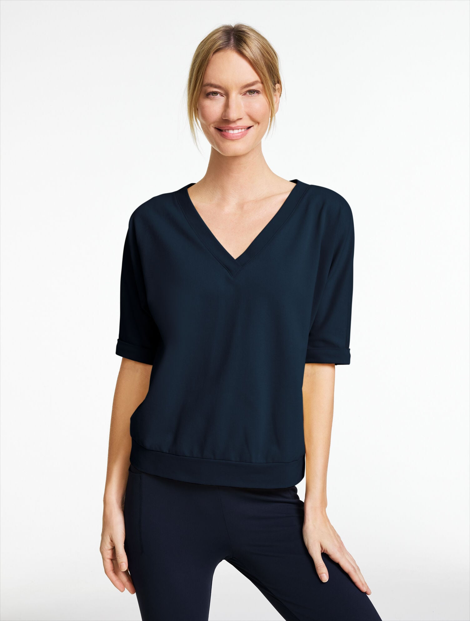 Piqu&eacute; Elbow Sleeve V-Neck Tee