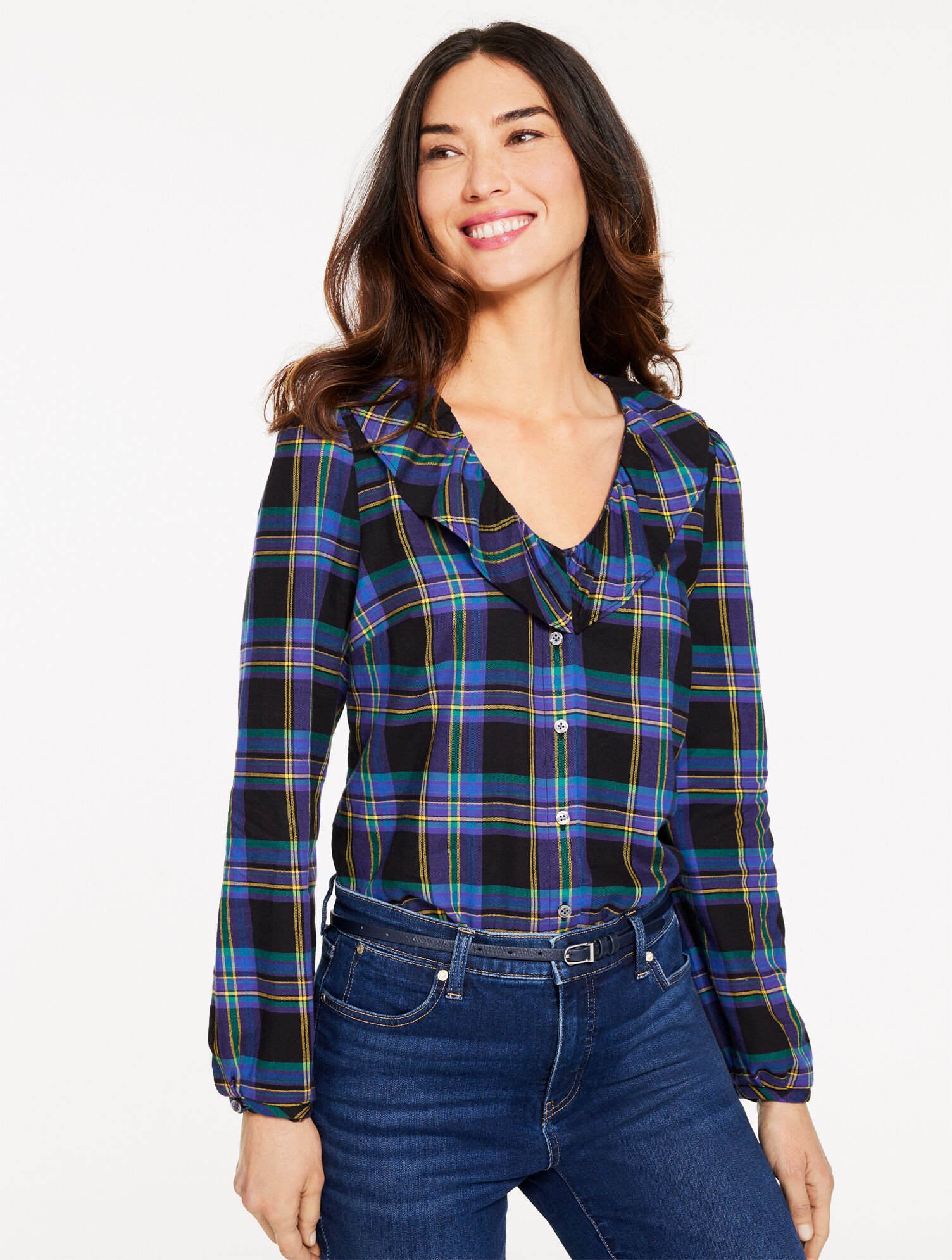 Ruffle Button Front Top - Wishful Plaid
