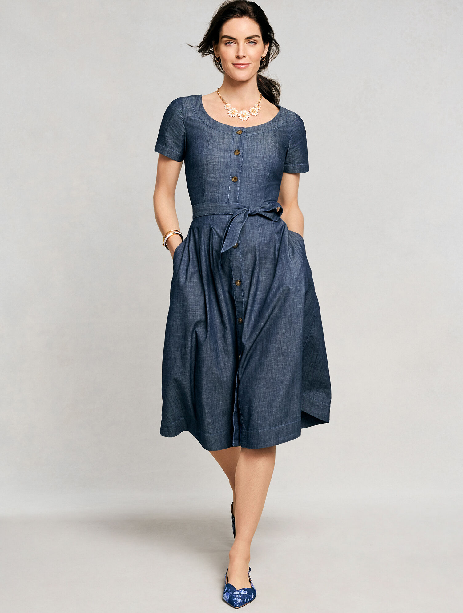 Denim Button Front Fit &amp; Flare Dress