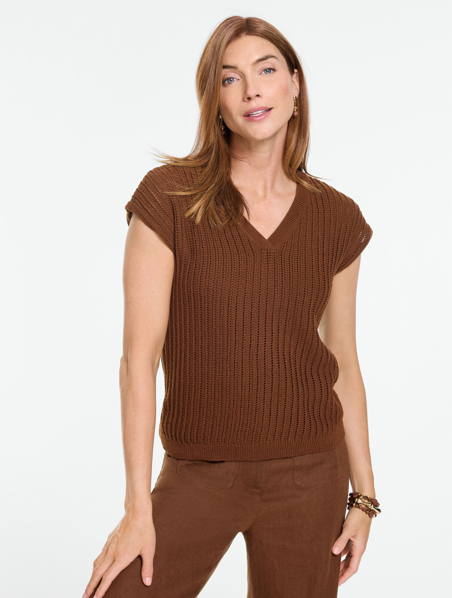 Open Stitch V-Neck Pullover