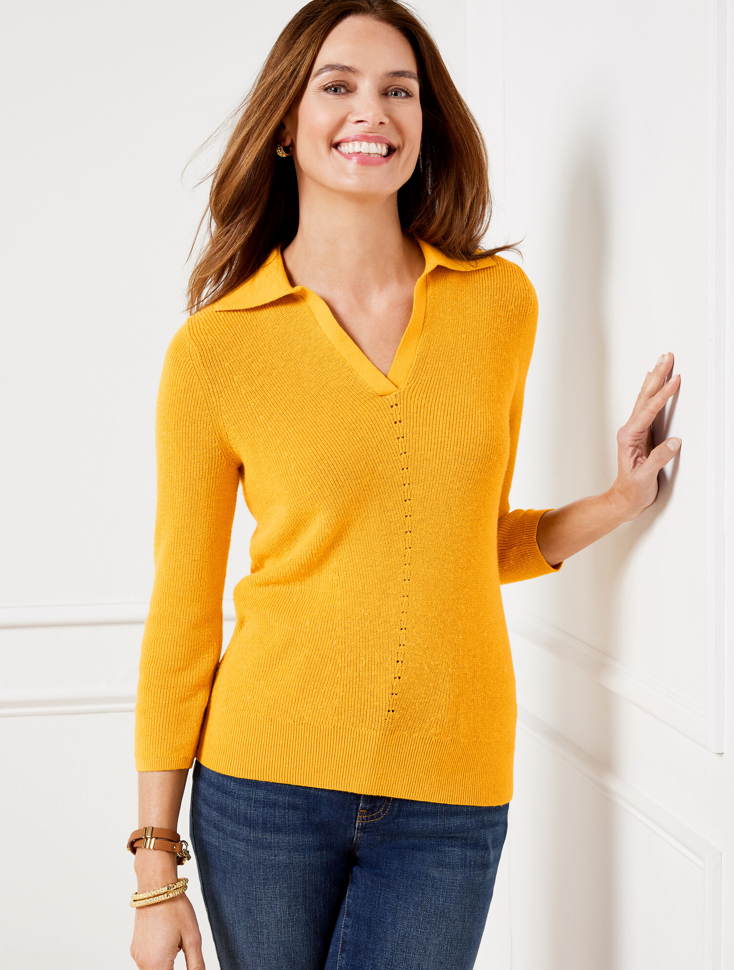 Two-Tone Ribbed Trim Johnny Collar Sweater