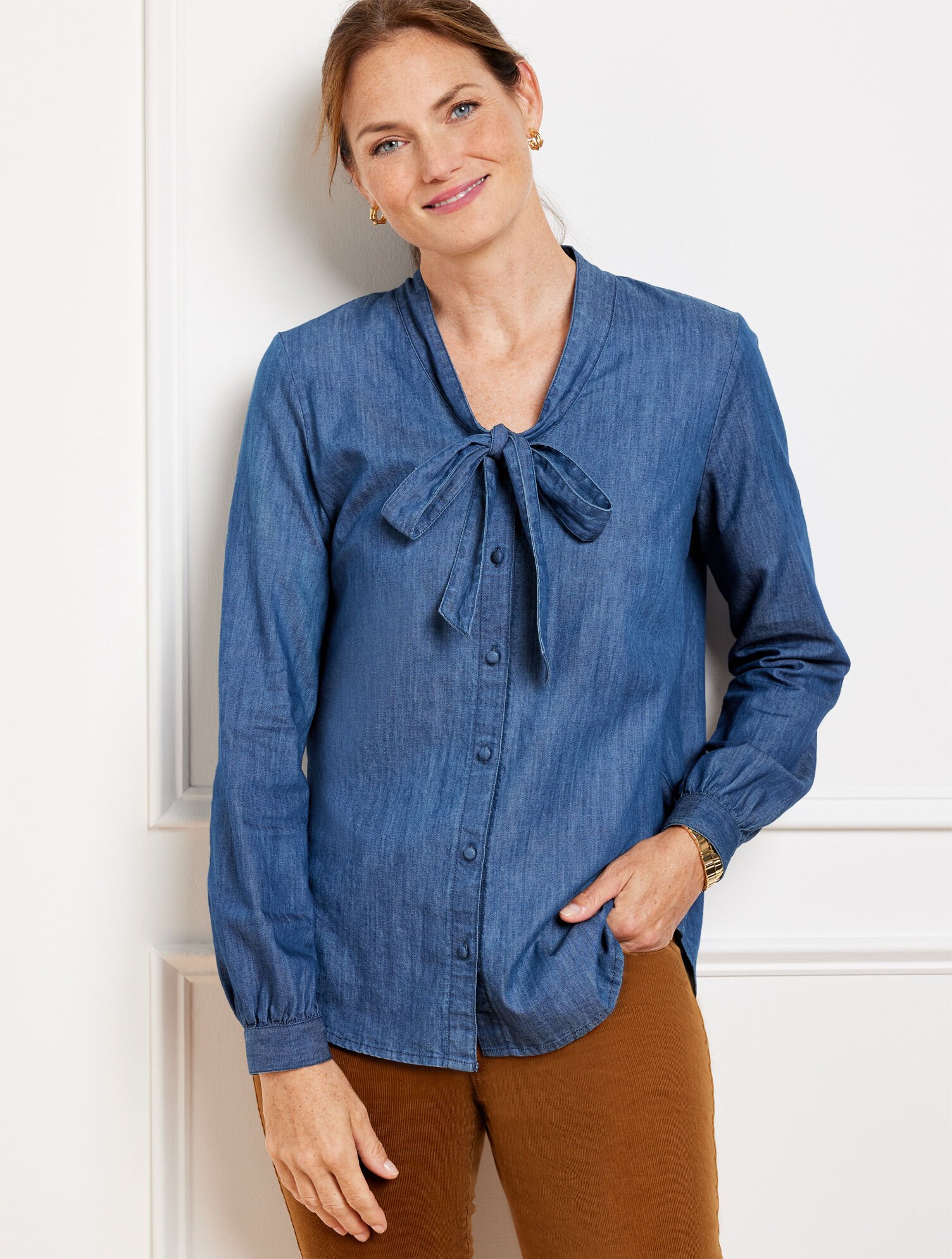 トップス DENIM BLOUSE Denim Tie Neck Shirt | Talbots