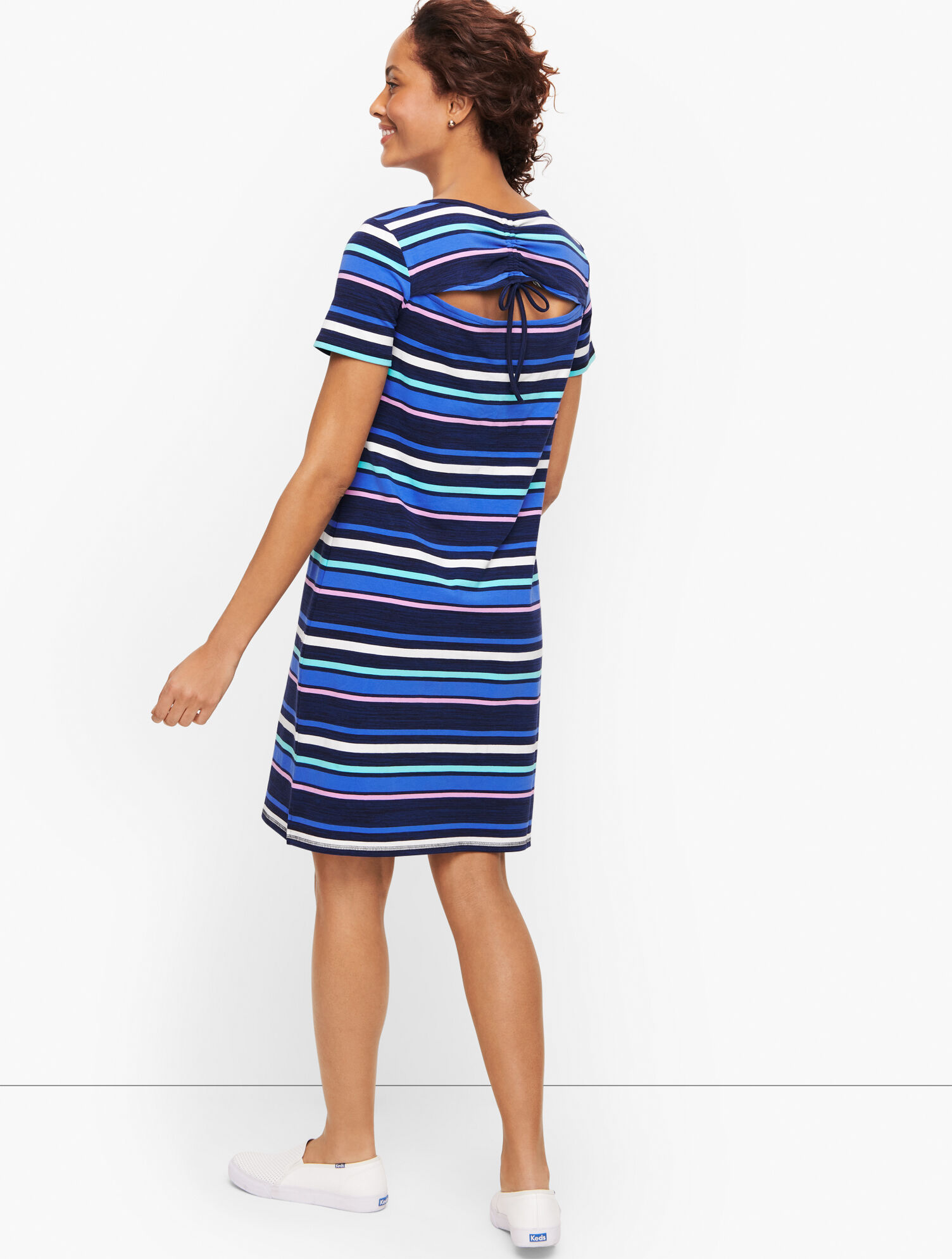 Ruched Drawstring Back T-Shirt Dress - Stripe