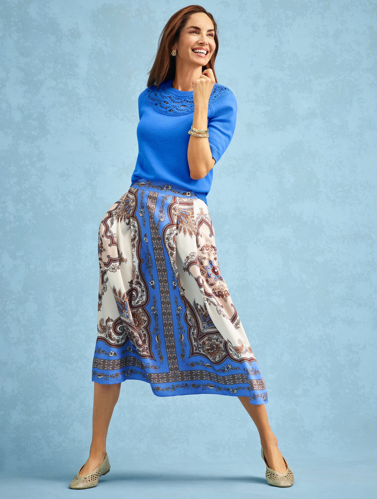 Twill Pleated Fit & Flare Skirt - Paisley Sky | Talbots