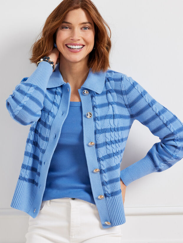 Cable Knit Collared Cardigan Stripe Talbots
