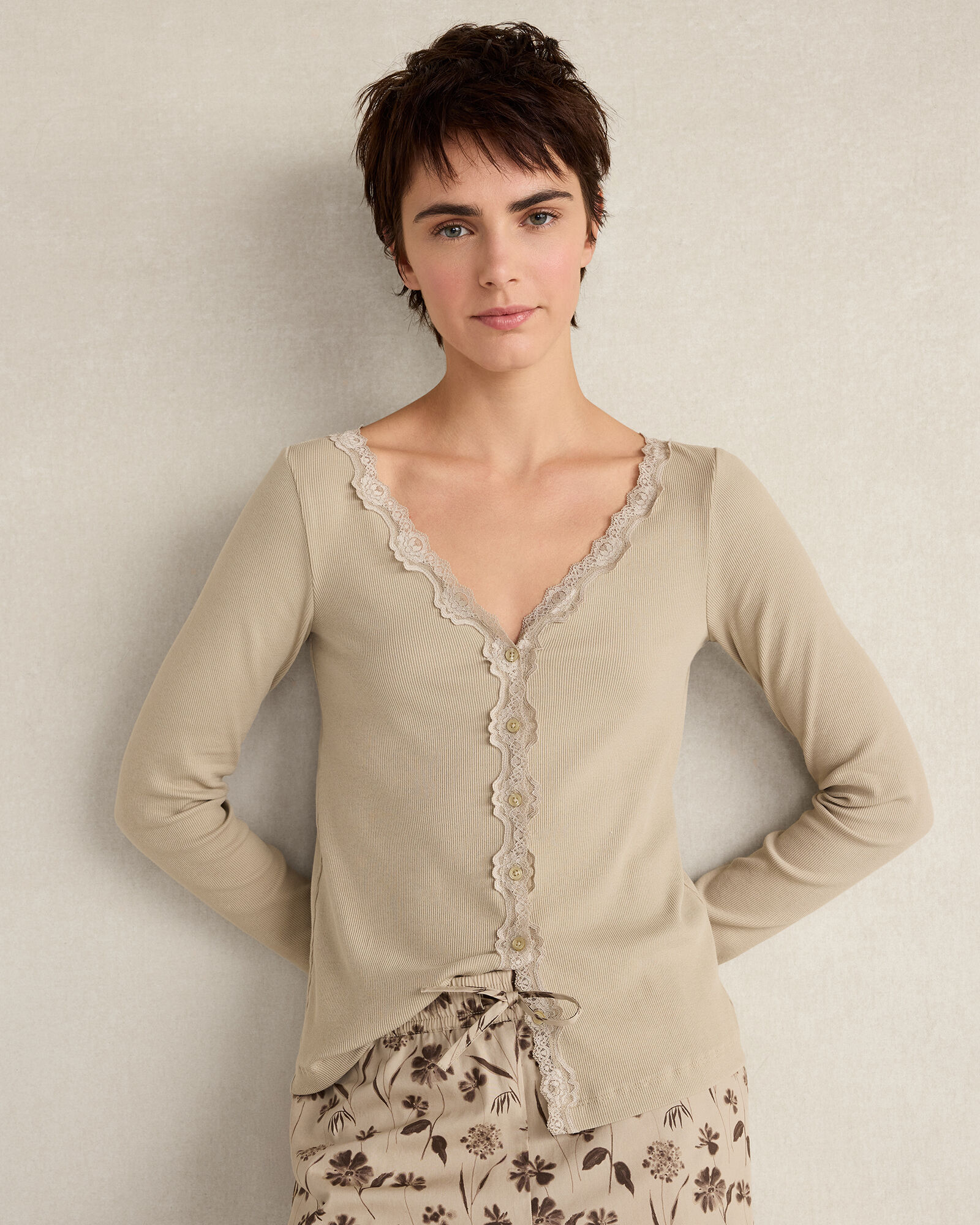 Resti Organic Cotton Rib Knit Lace Cardigan