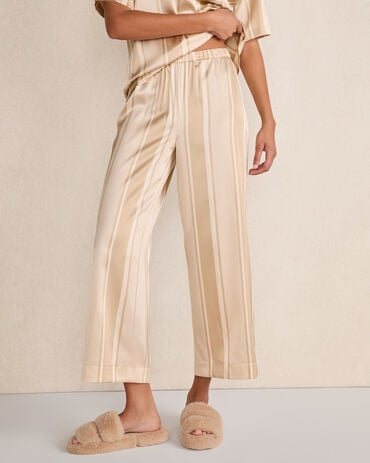 Washable Silk Stripe Cropped Wide Leg Pants