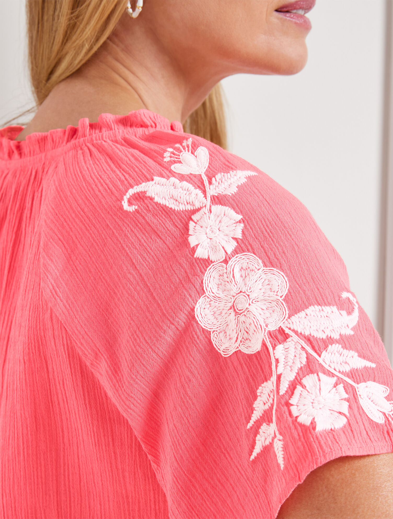 Embroidered Gauze Ruffle Neck Top Talbots