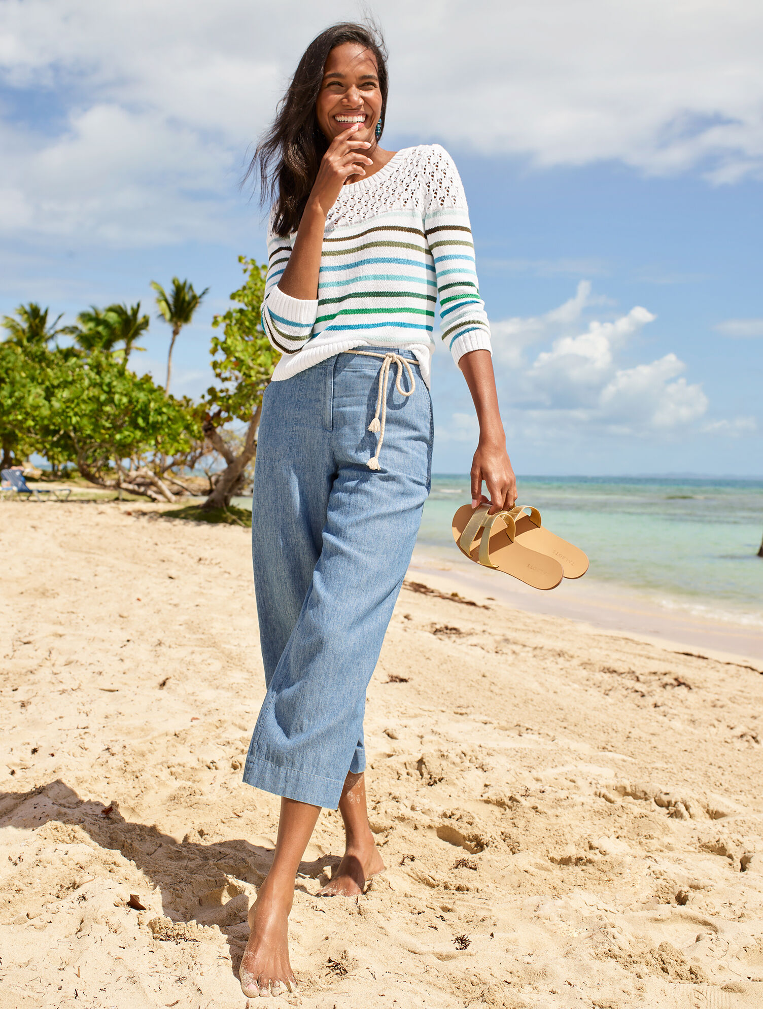 Crochet Yoke Crewneck Sweater Breton Stripe Talbots