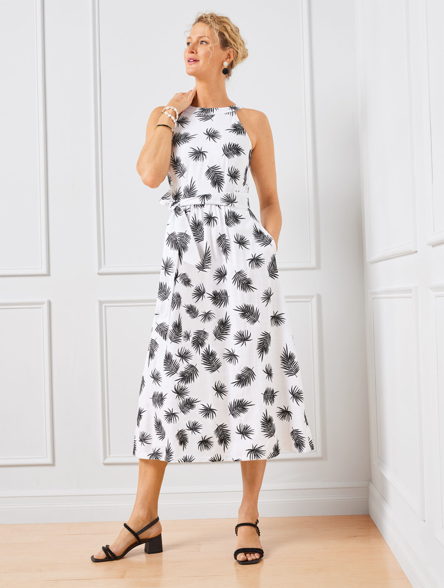Embroidered Halter Fit & Flare Dress - Tossed Palms | Talbots Embroidered Halter Fit & Flare Dress - Tossed Palms | Talbots