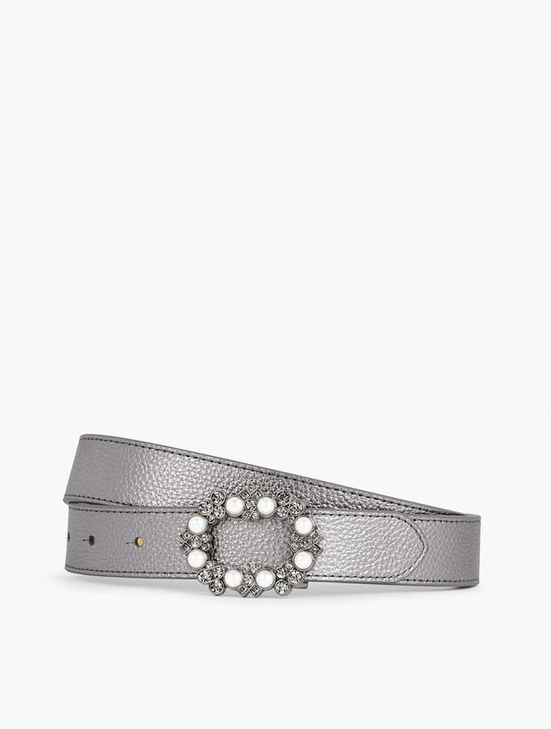 Embellished Buckle Slim Leather Belt | Talbots display picture 2