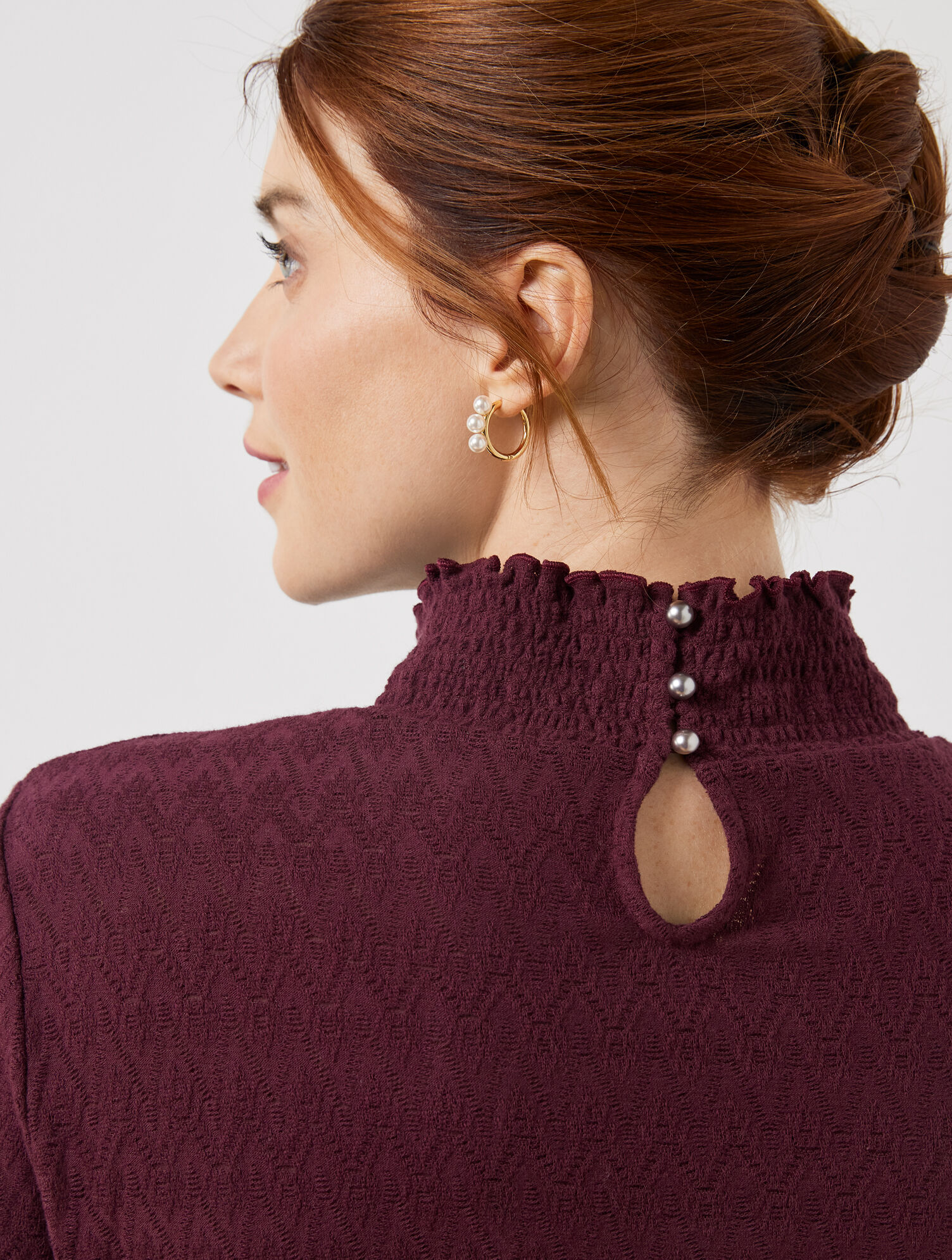 Jacquard Smocked Neck Knit Blouse