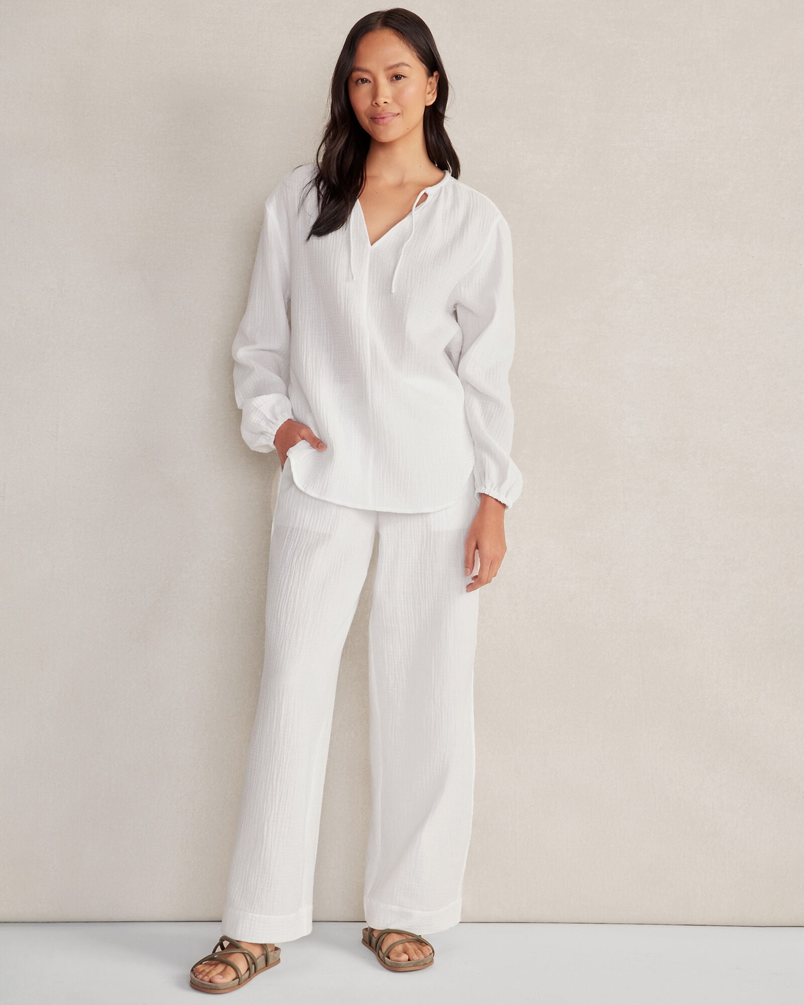 MABLE Gauze Long Sleeve Button Crop Top and Short Set