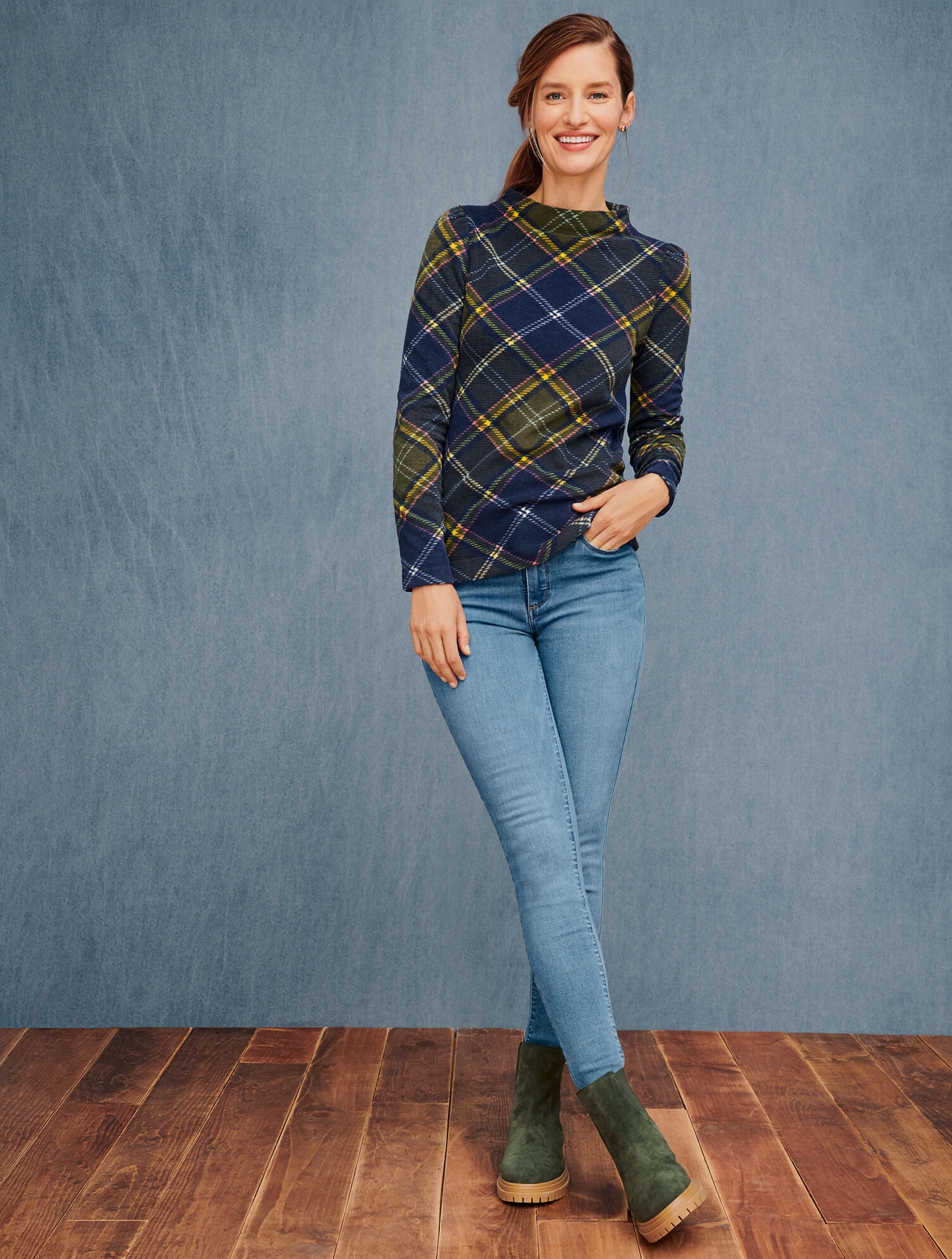 Fleece Funnel Neck Pullover - Camping Plaid