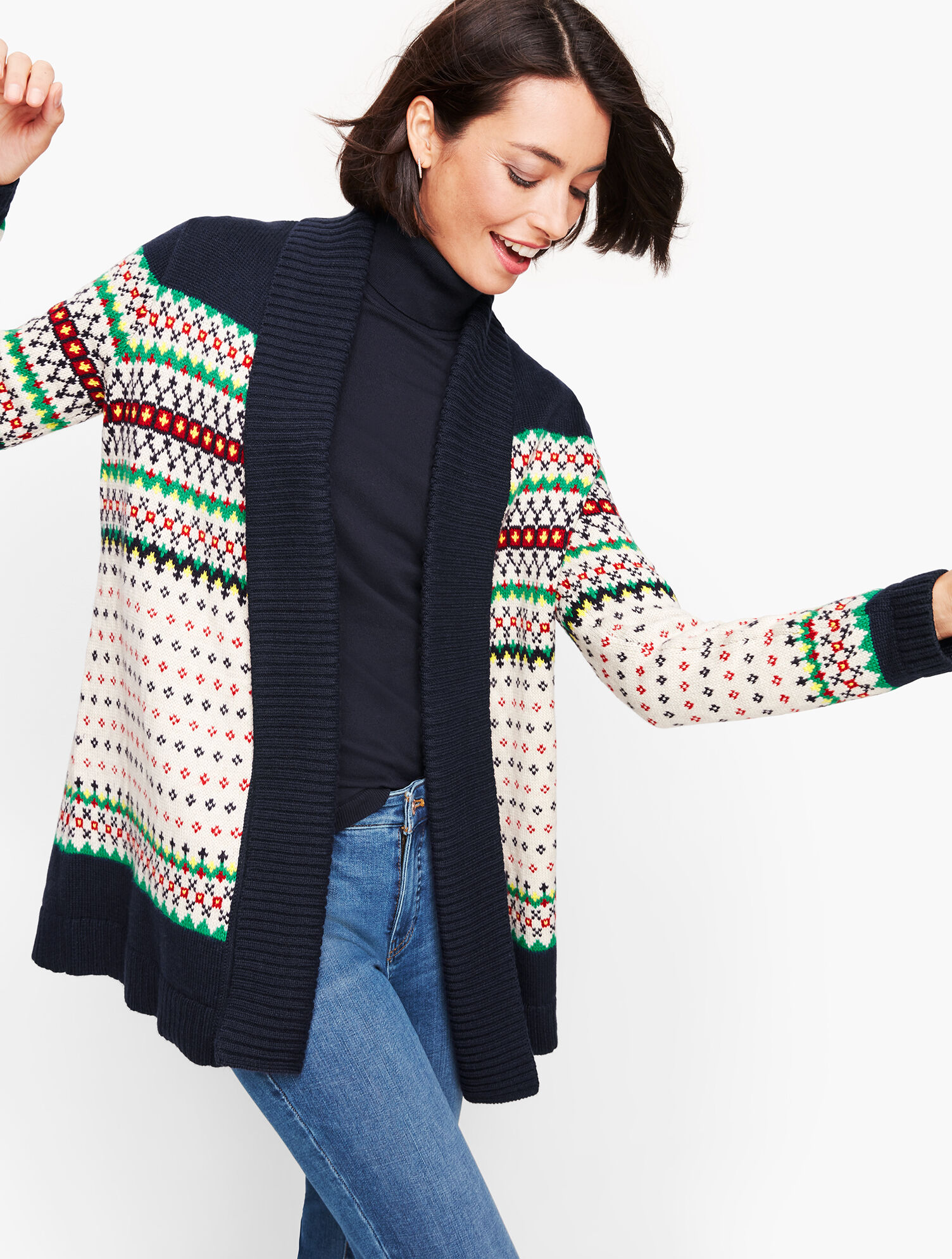 Fair Isle Shawl Collar Open Sweater 