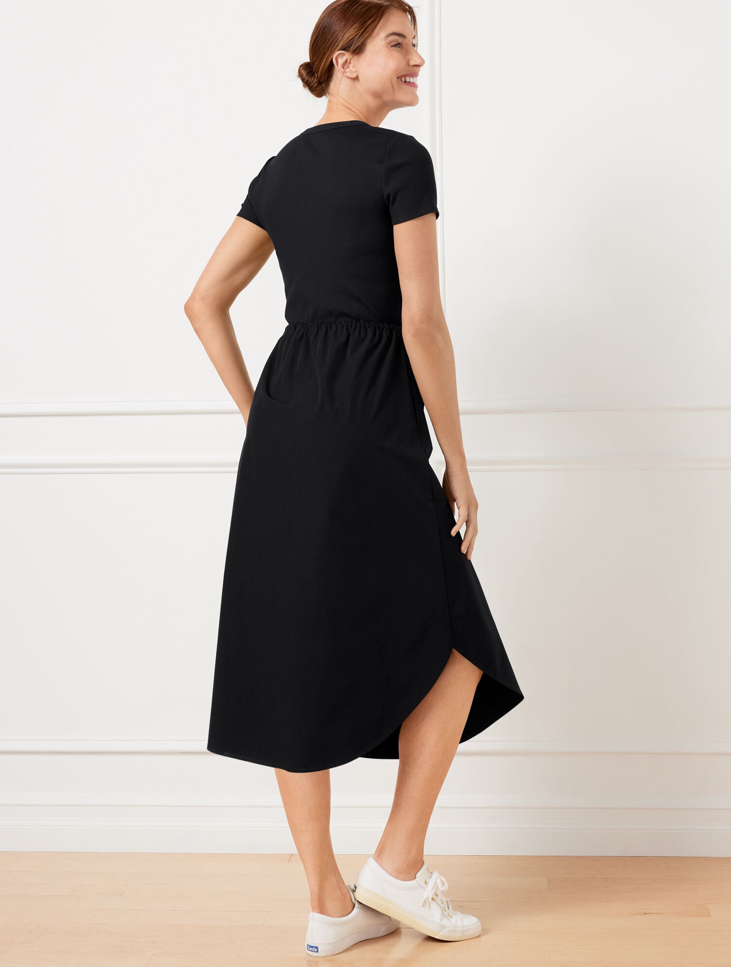 mixed media dress short sleeve Mixed-Media Two-Tone Lace Shirt Dress