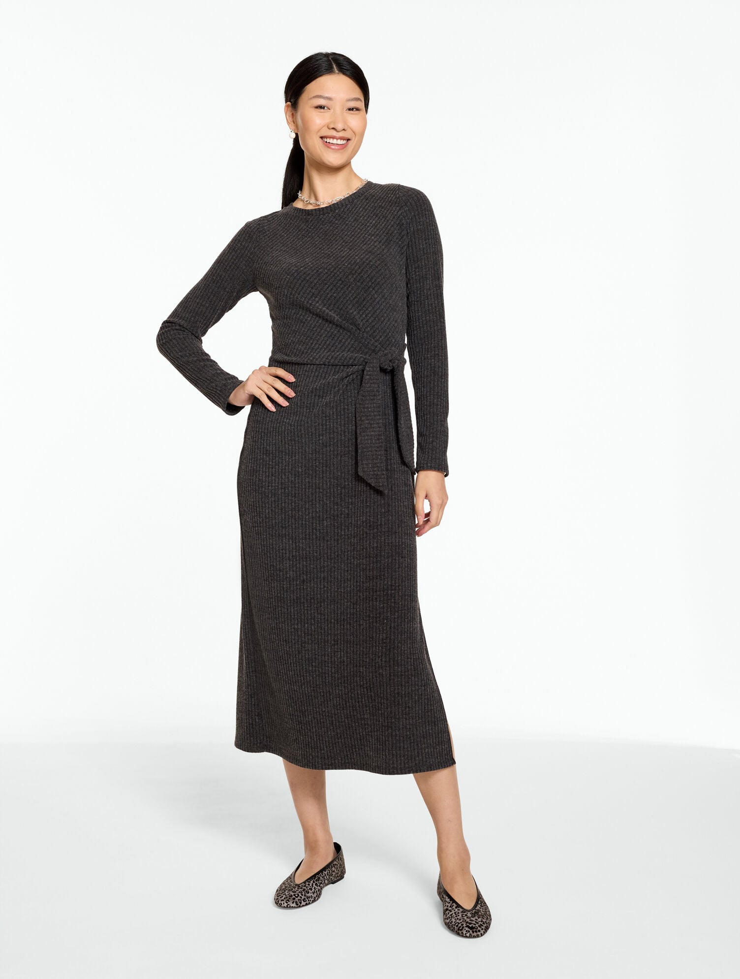 Ribbed Side Tie Jersey Midi Dress