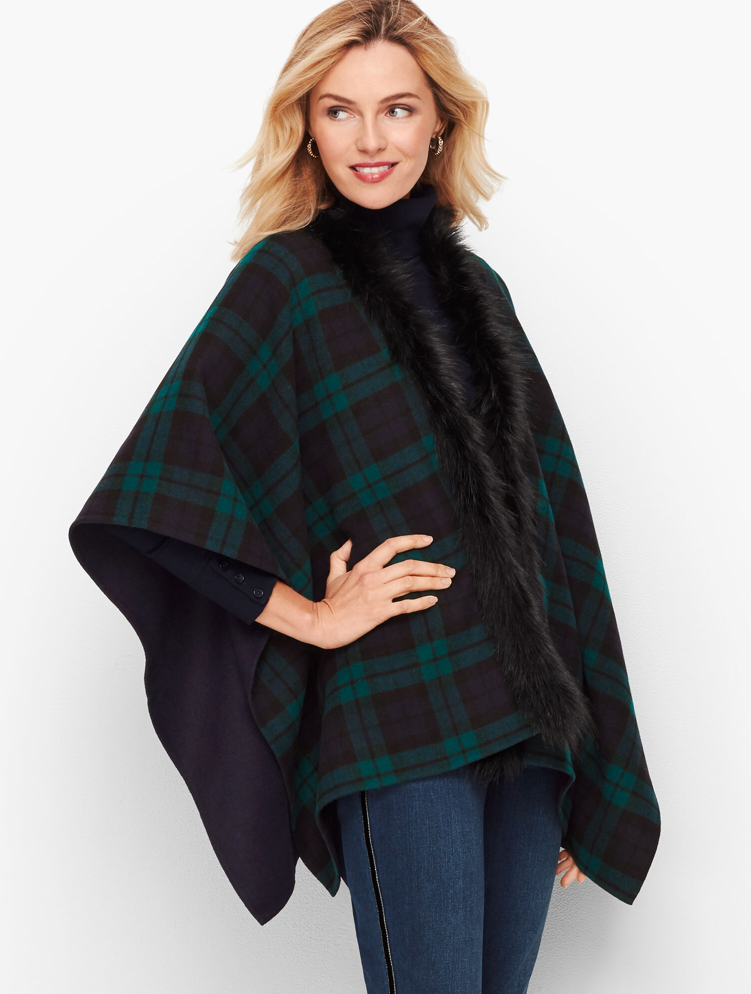 Faux Fur Trim Black Watch Plaid Ruana