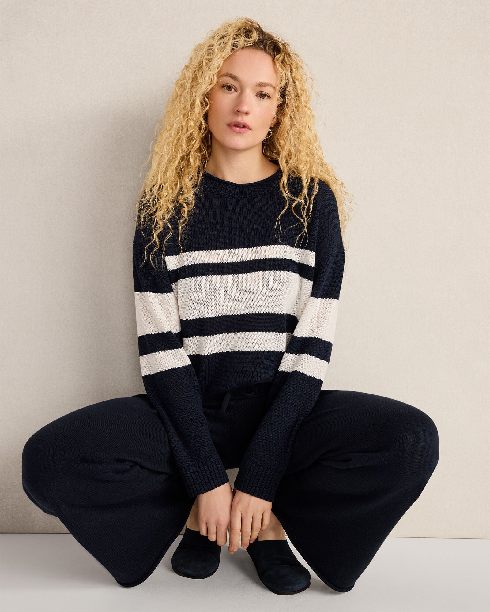 Cotton Linen Stripe Roll Neck Sweater