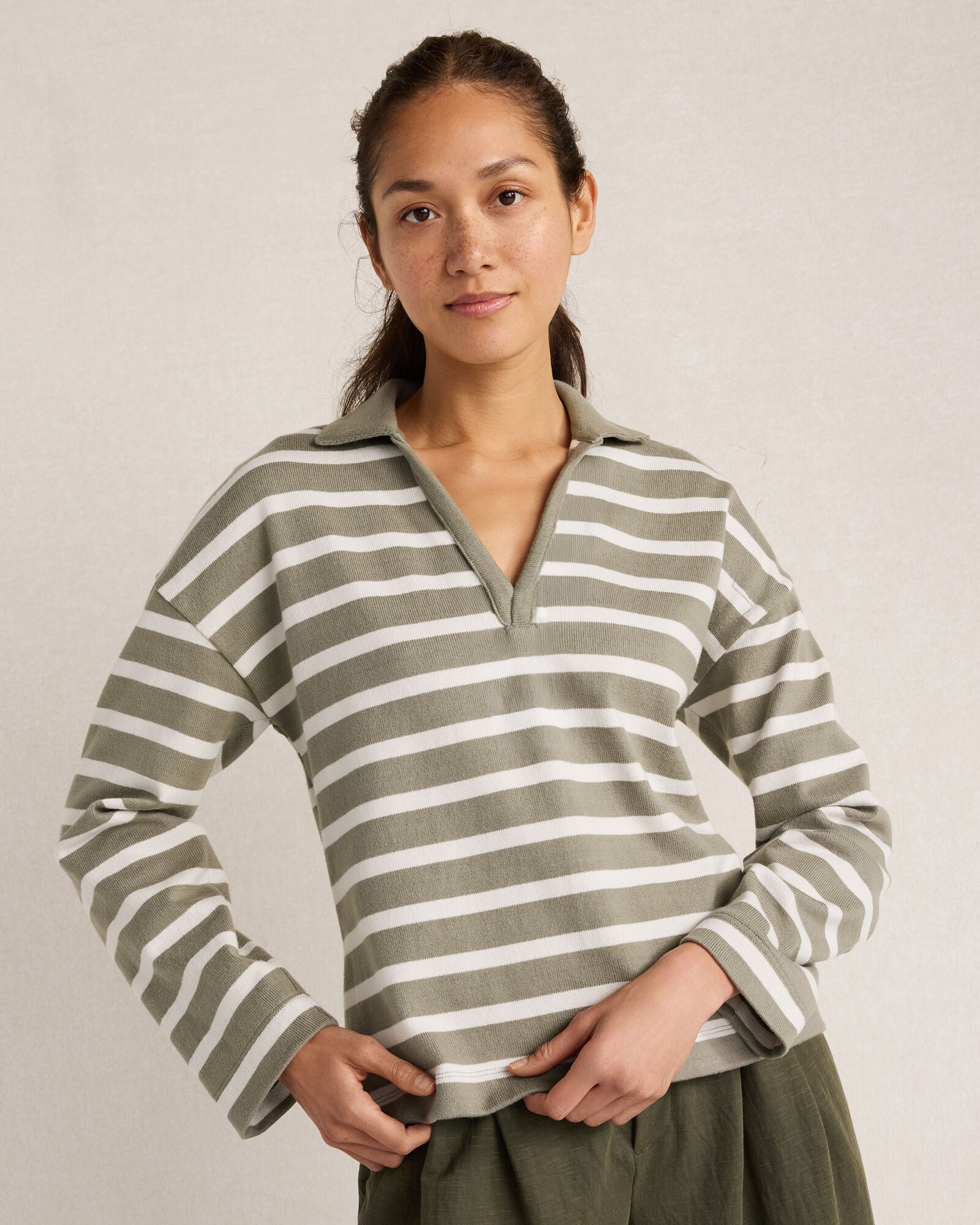 Organic Cotton Striped Johnny Collar Top