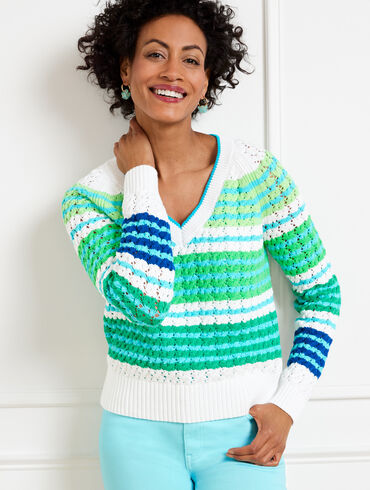 Open Stitch V-Neck Sweater - Stripe