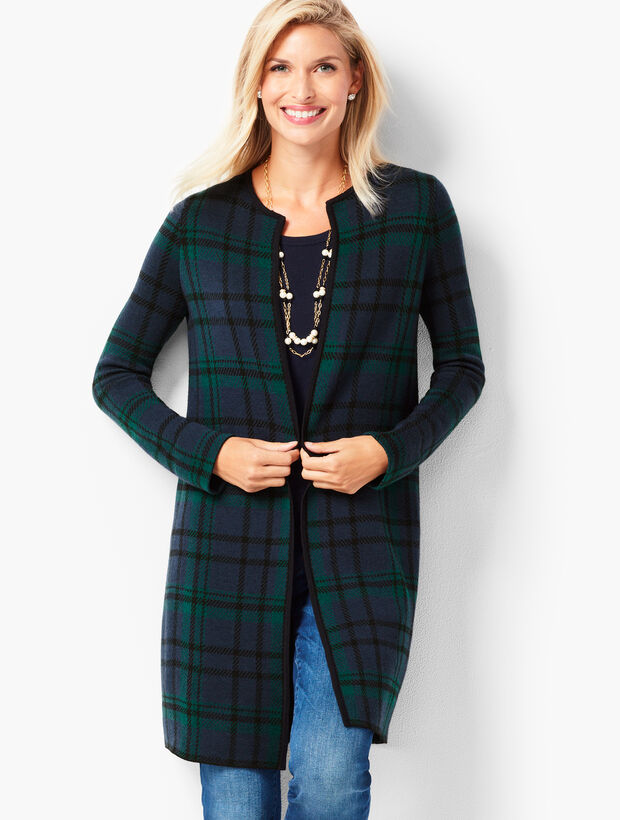 Black Watch Plaid Open-Front Merino Cardigan 