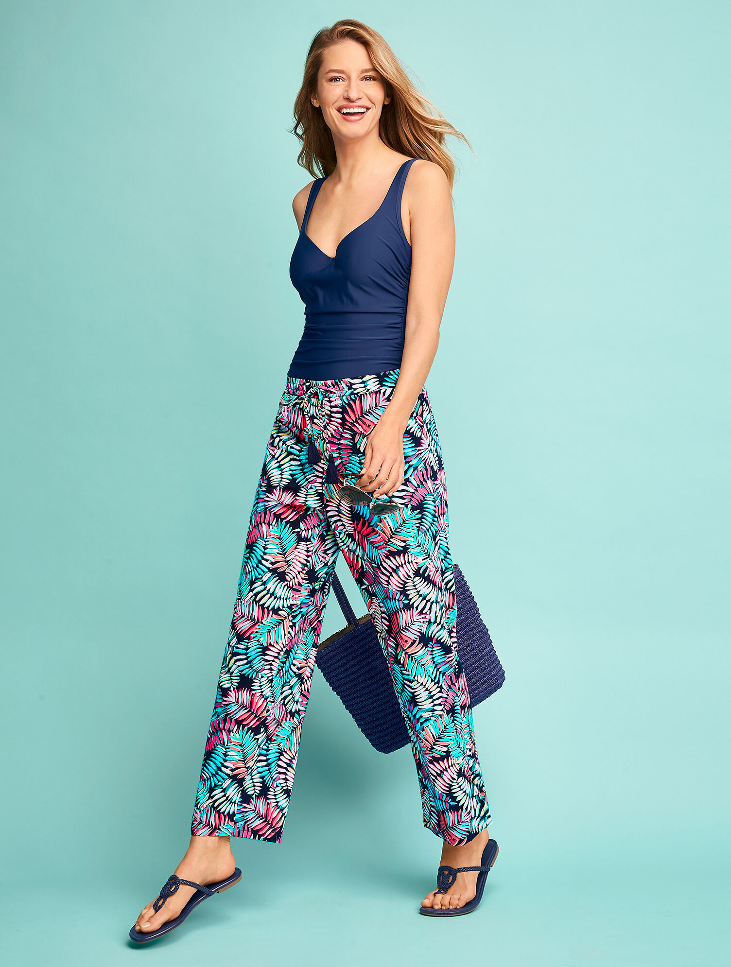 CrinkleCotton Beach Pants Breezy Palm Print Talbots