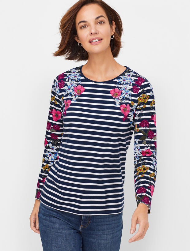 Pima Crewneck Tee - Elegant Floral Stripe