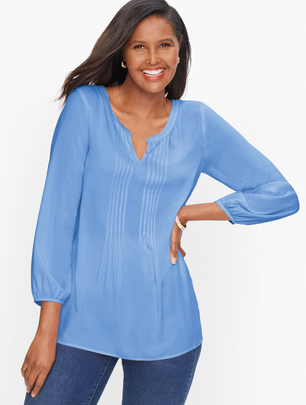 Split Neck Pintuck Top - Solid