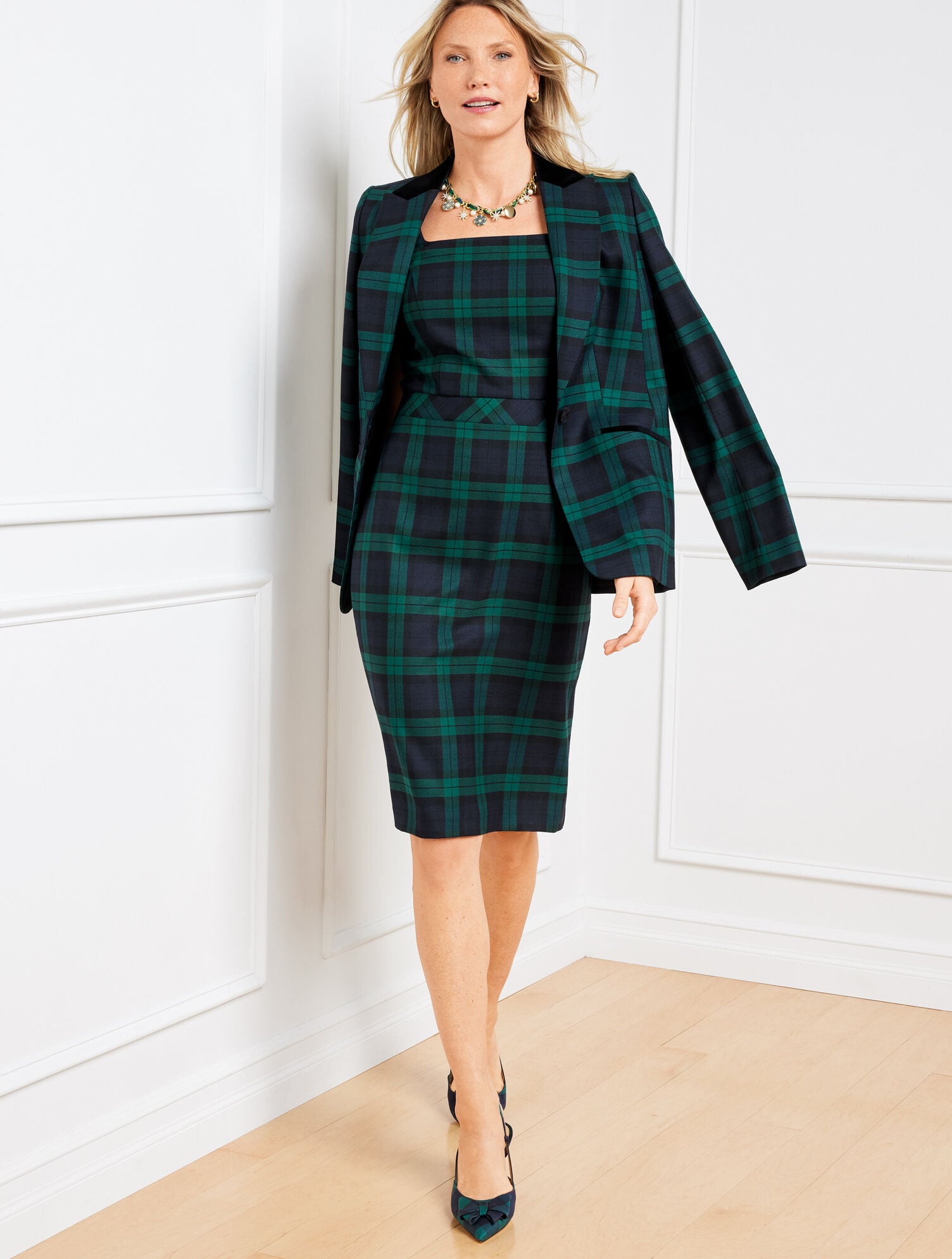 slim fit dress slacks Hamilton Plaid Navy & Green Sally Dress – Classic Whimsy main image 1