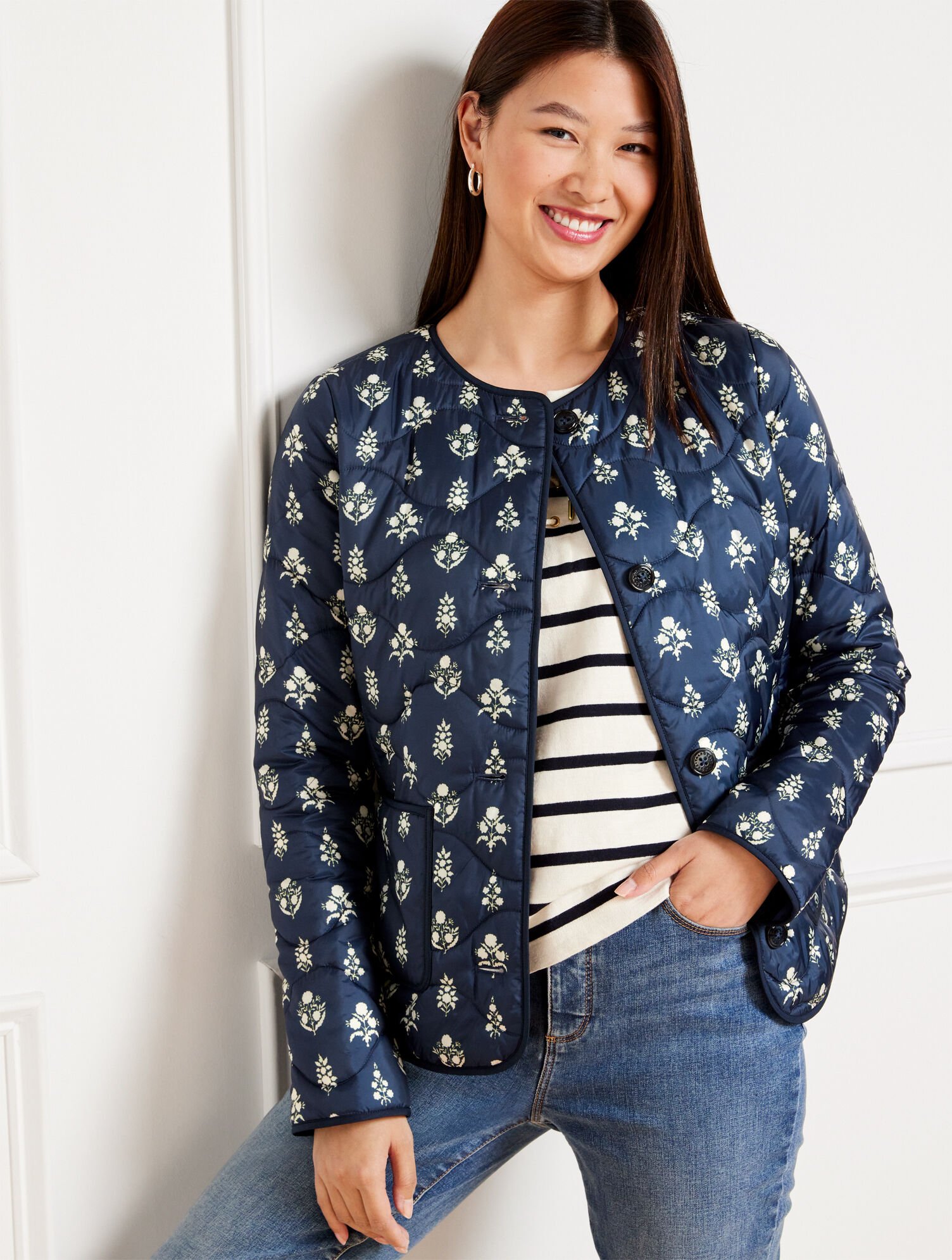 Quilted Collarless Jacket Ditsy Foulard Talbots