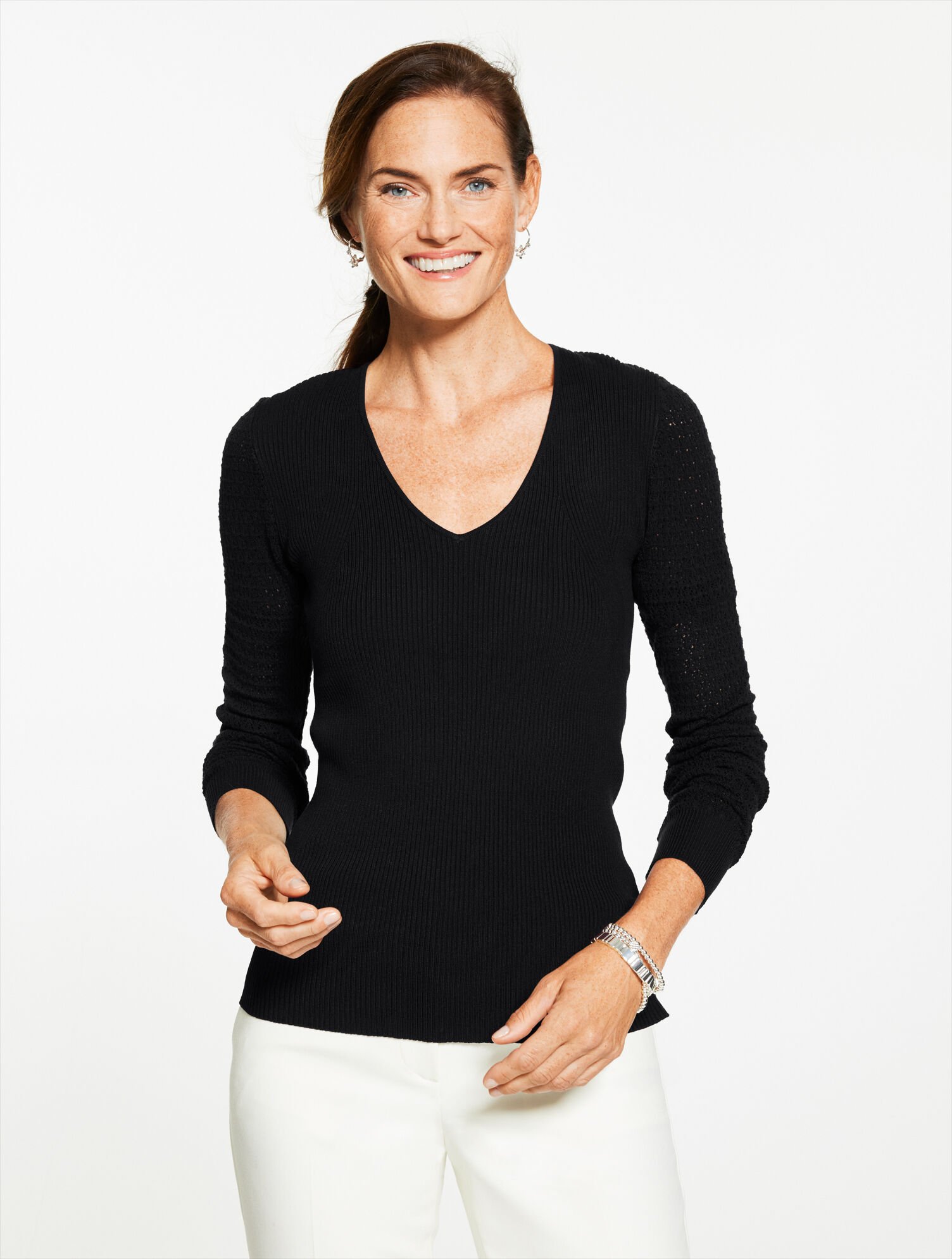Pointelle Stitch V-Neck Sweater - image 1