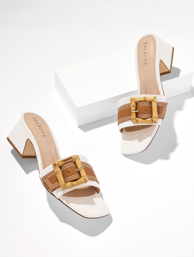 Kathryn Buckle Speckled Canvas Vachetta Block Heel Sandals