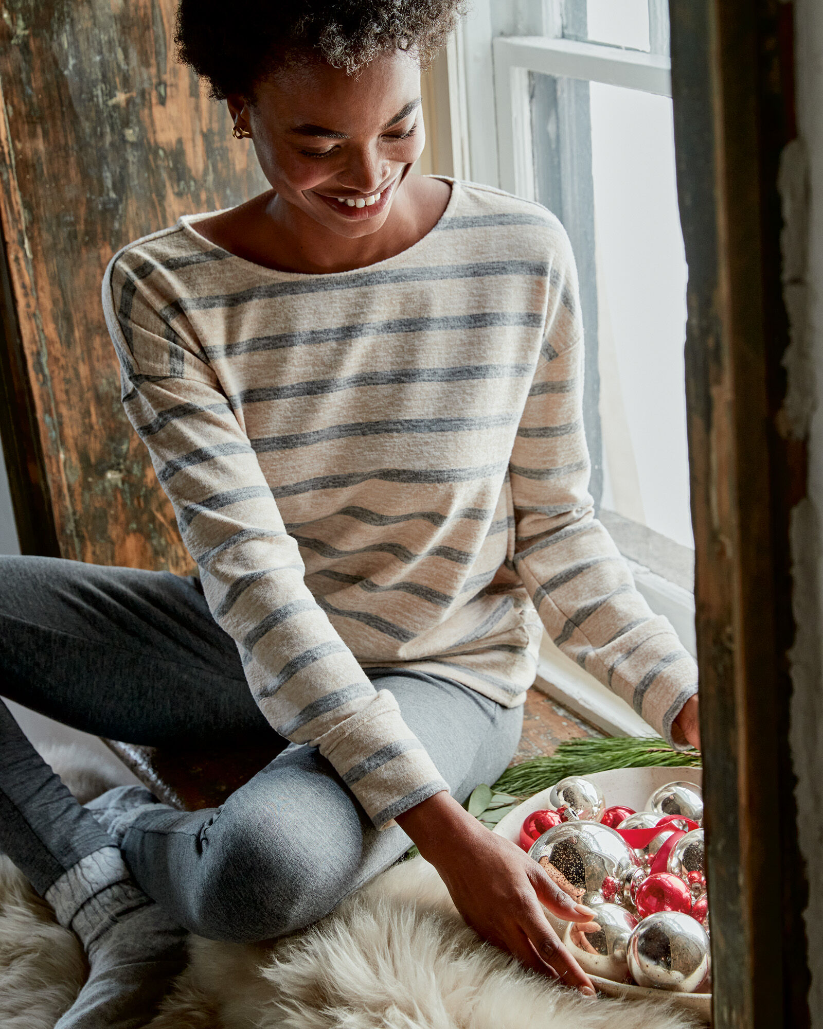 Marled Knit Striped Boat Neck Top