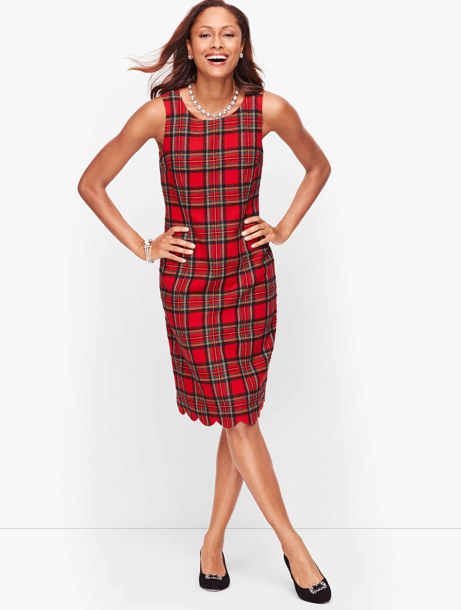 Plaid Shimmer Scallop Hem Dress