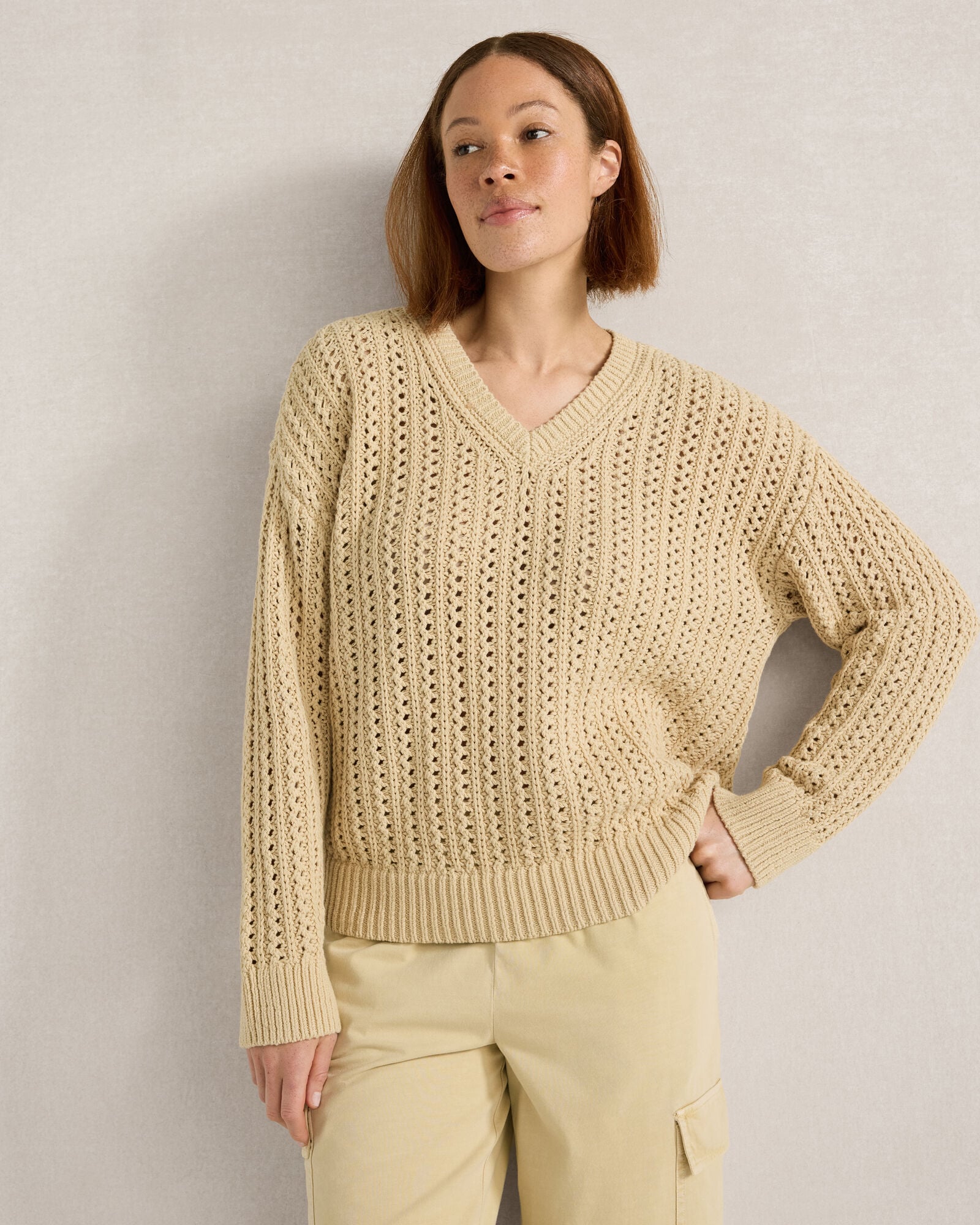 Textured Cotton Blend V-Neck Sweater