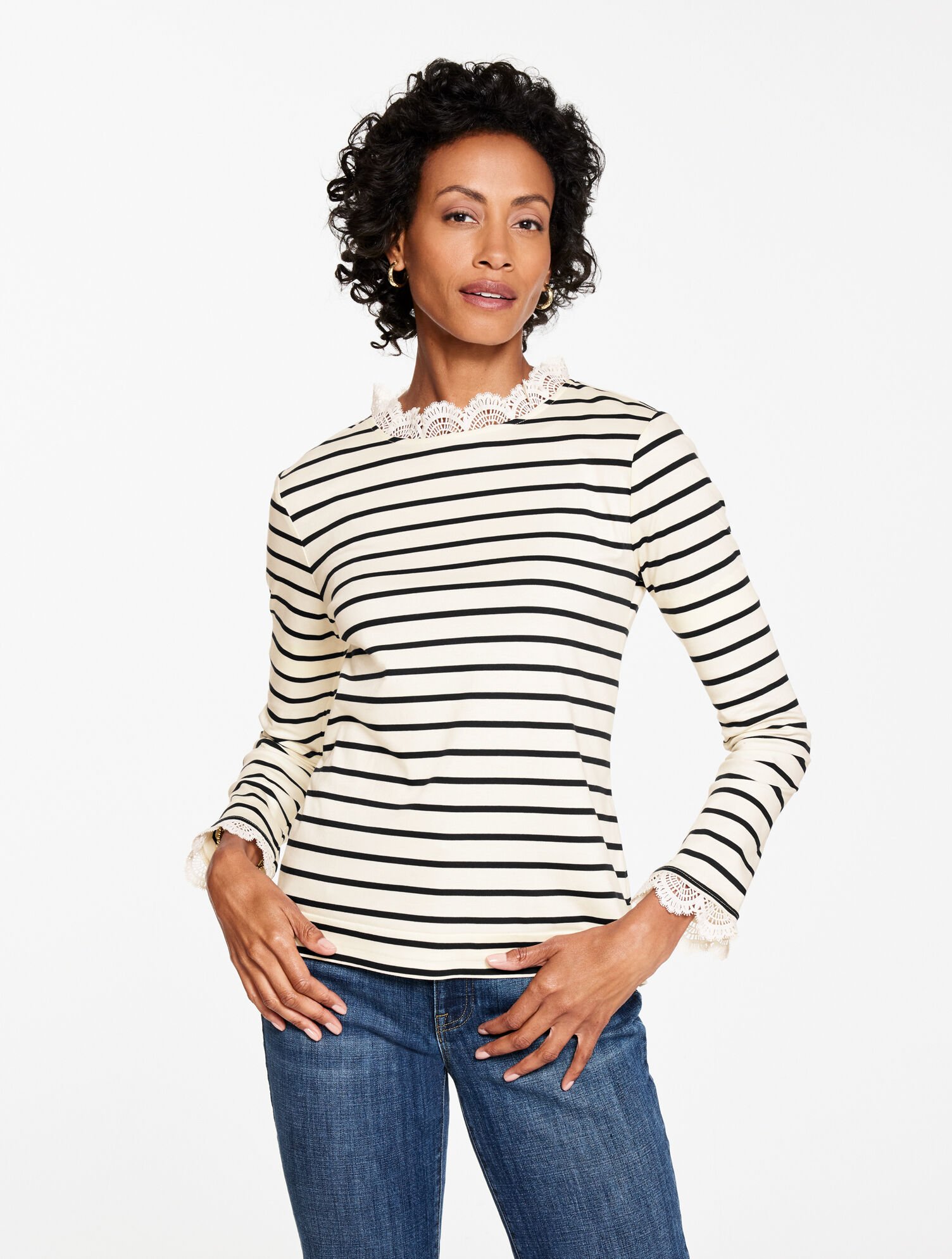 Lace Trim Crewneck Tee - Saybrook Stripe