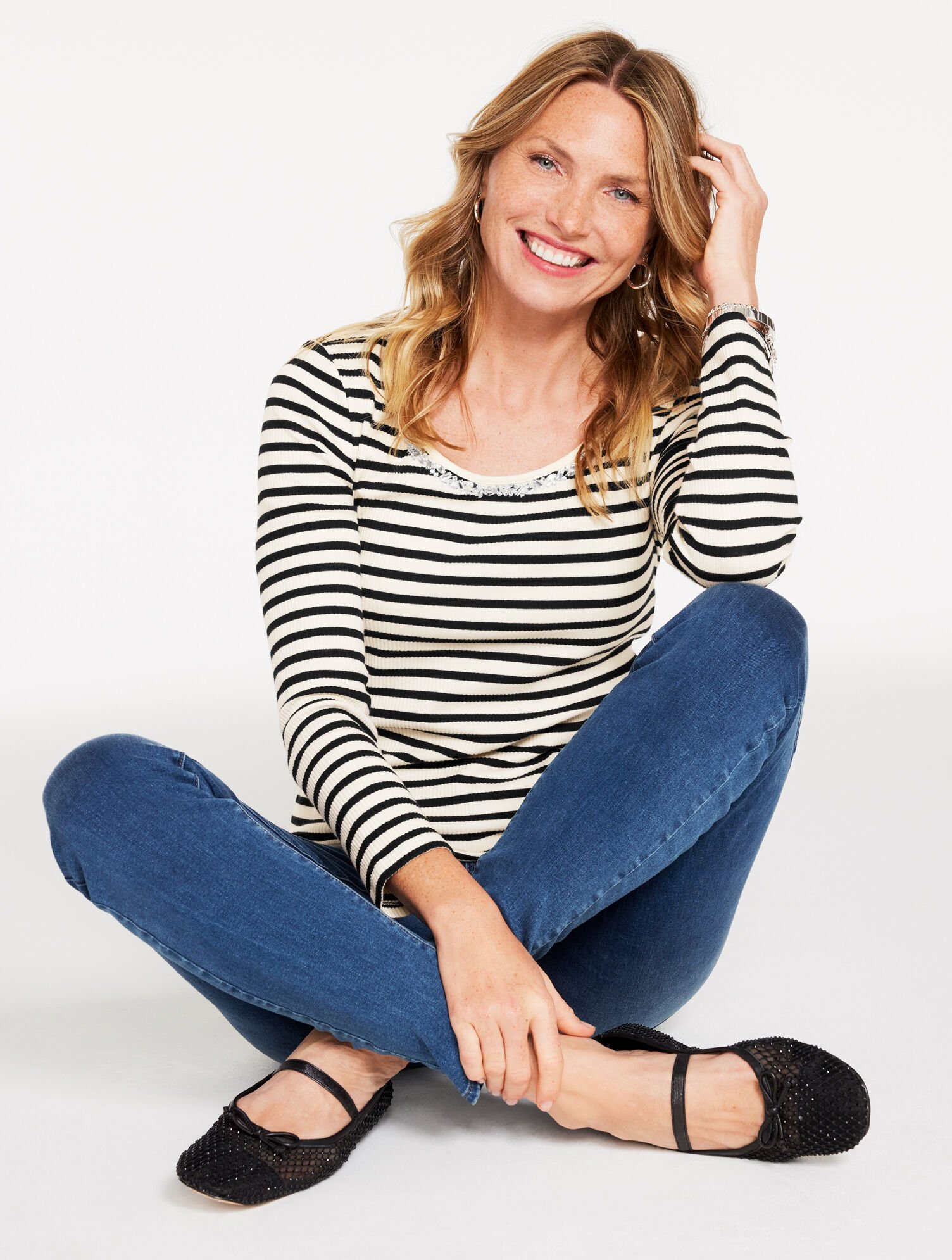 Embellished Ribbed Scoop Neck Tee - Aspen Stripe