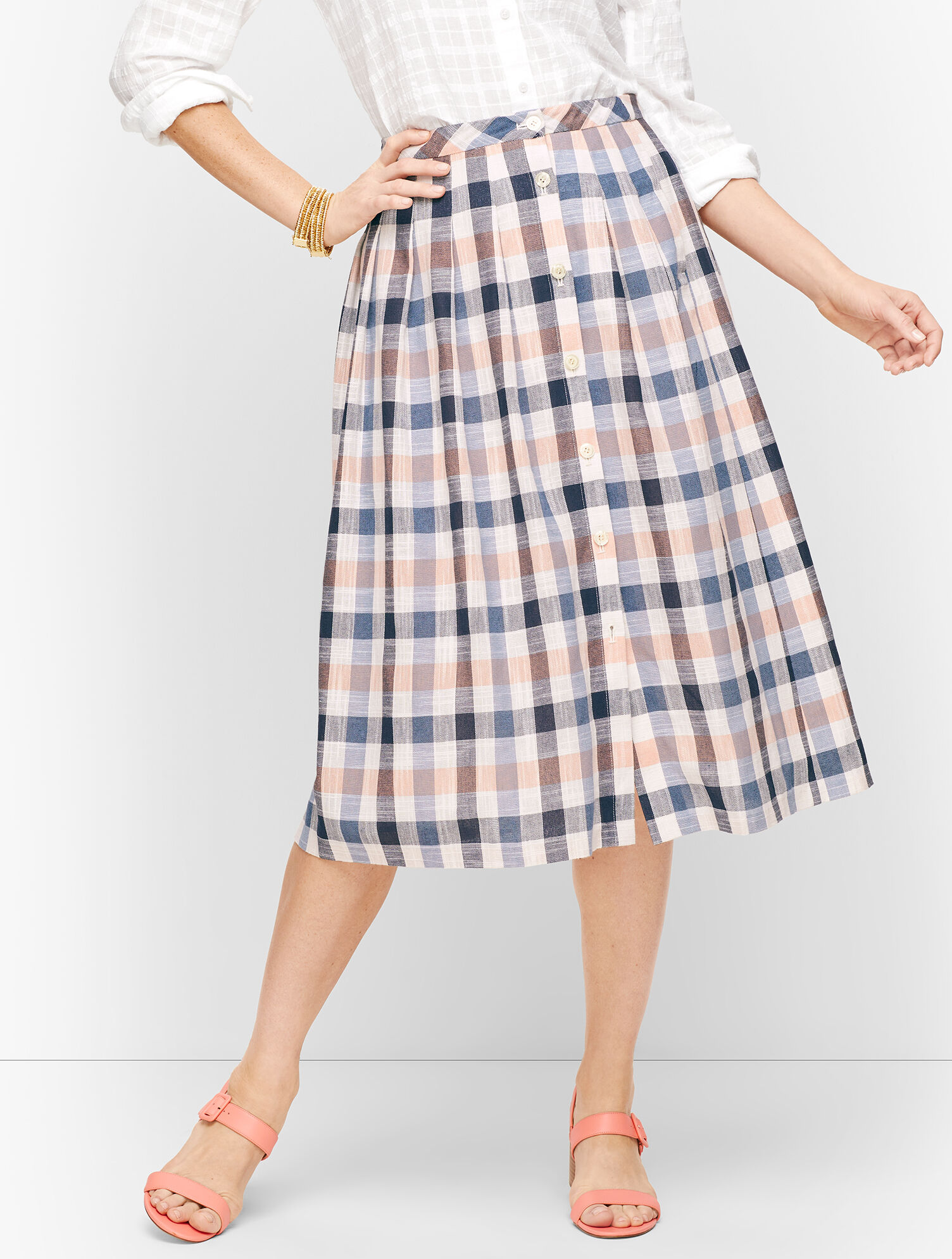 Vivid Plaid Button Front Midi Skirt