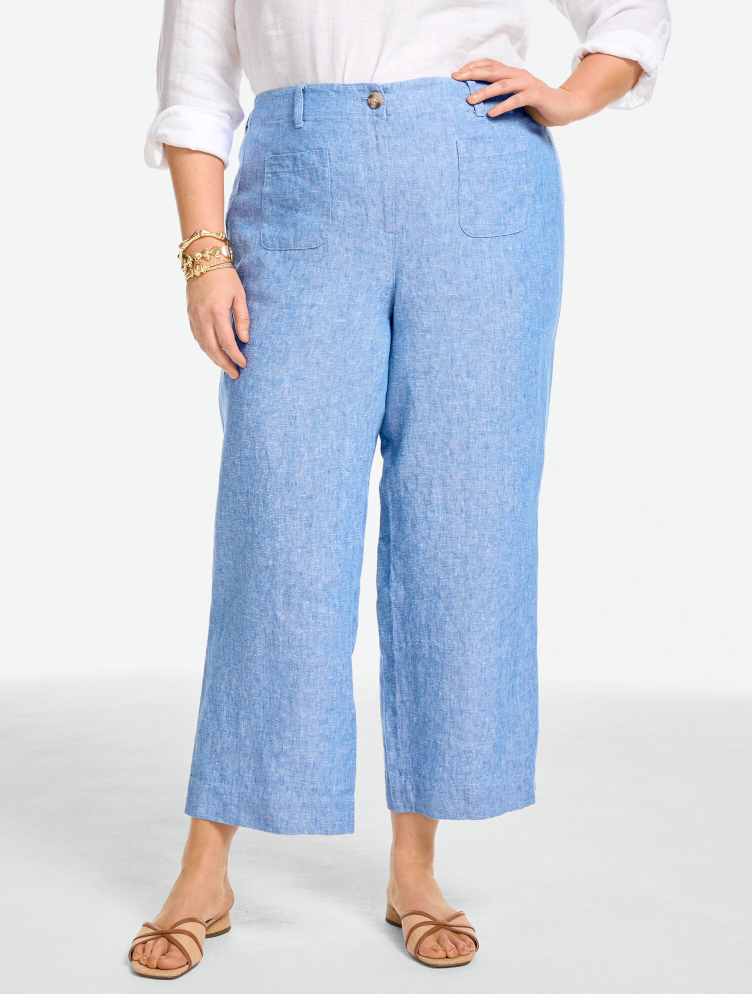 Washed Linen Wide Crop Patch Pocket Pants - Cross-Dyed