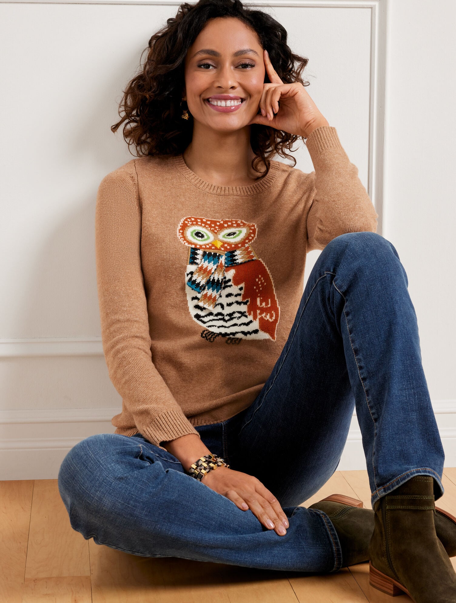トップス Owl Talbots Sweater Womens Large Beige Owl Graphic Crewneck Knit