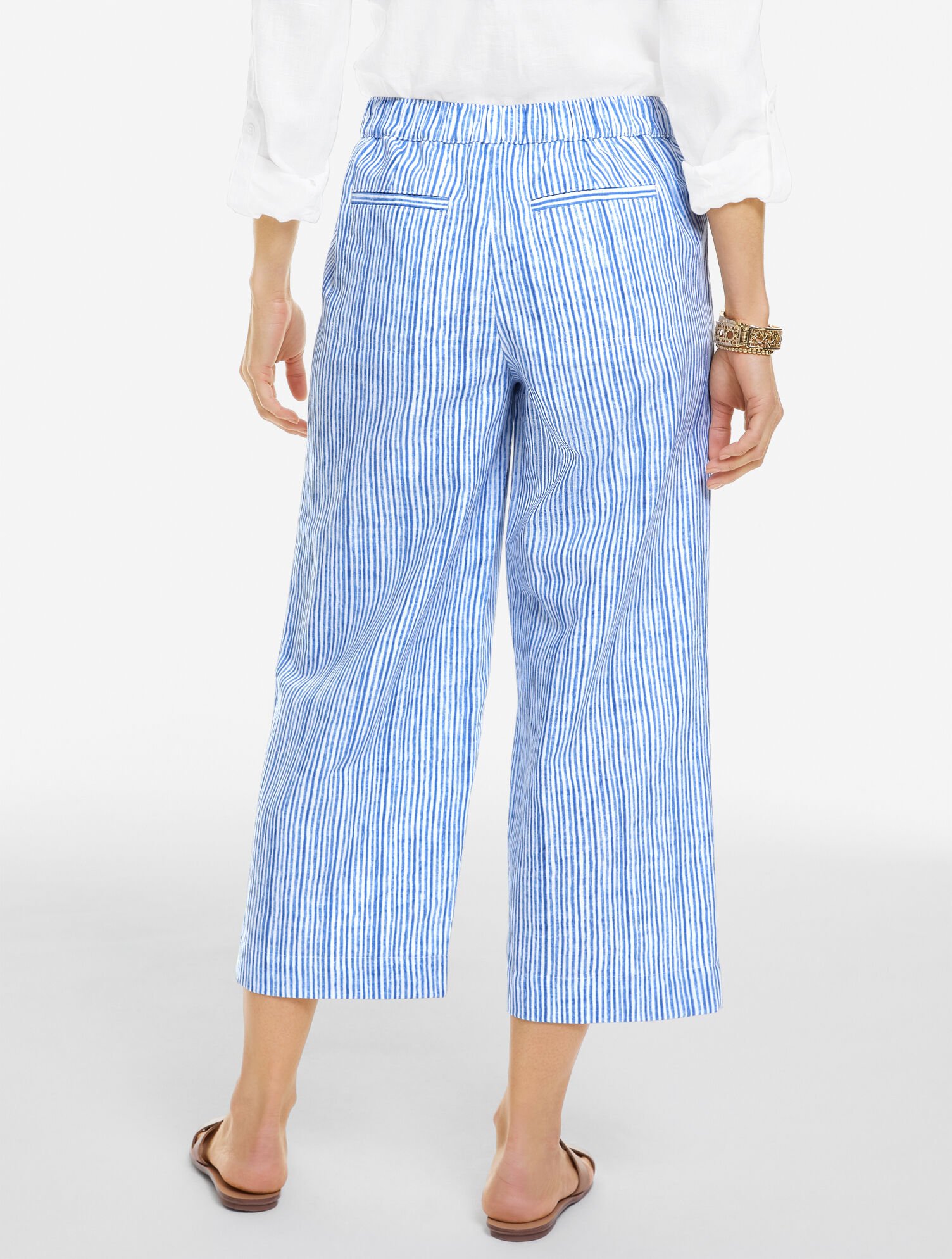 Linen Wide Crop Pull-On Pants - Pinstripe