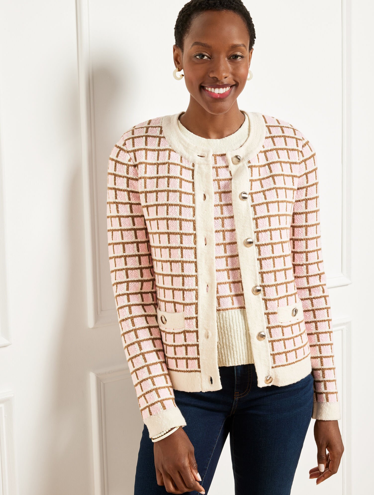Textured Stitch Crewneck Cardigan - Plaid | Talbots