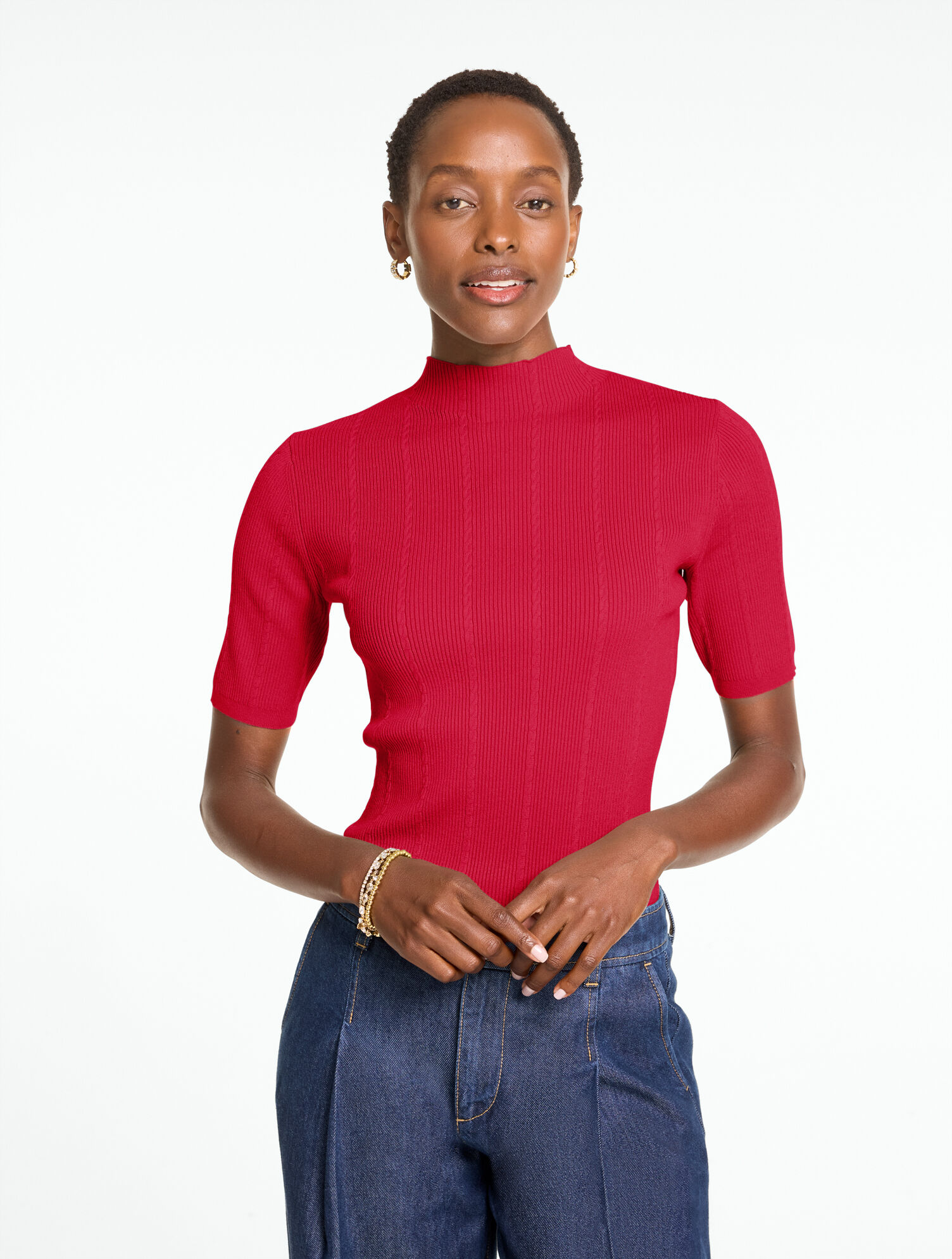 Ribbed Elbow Sleeve Mockneck Pullover