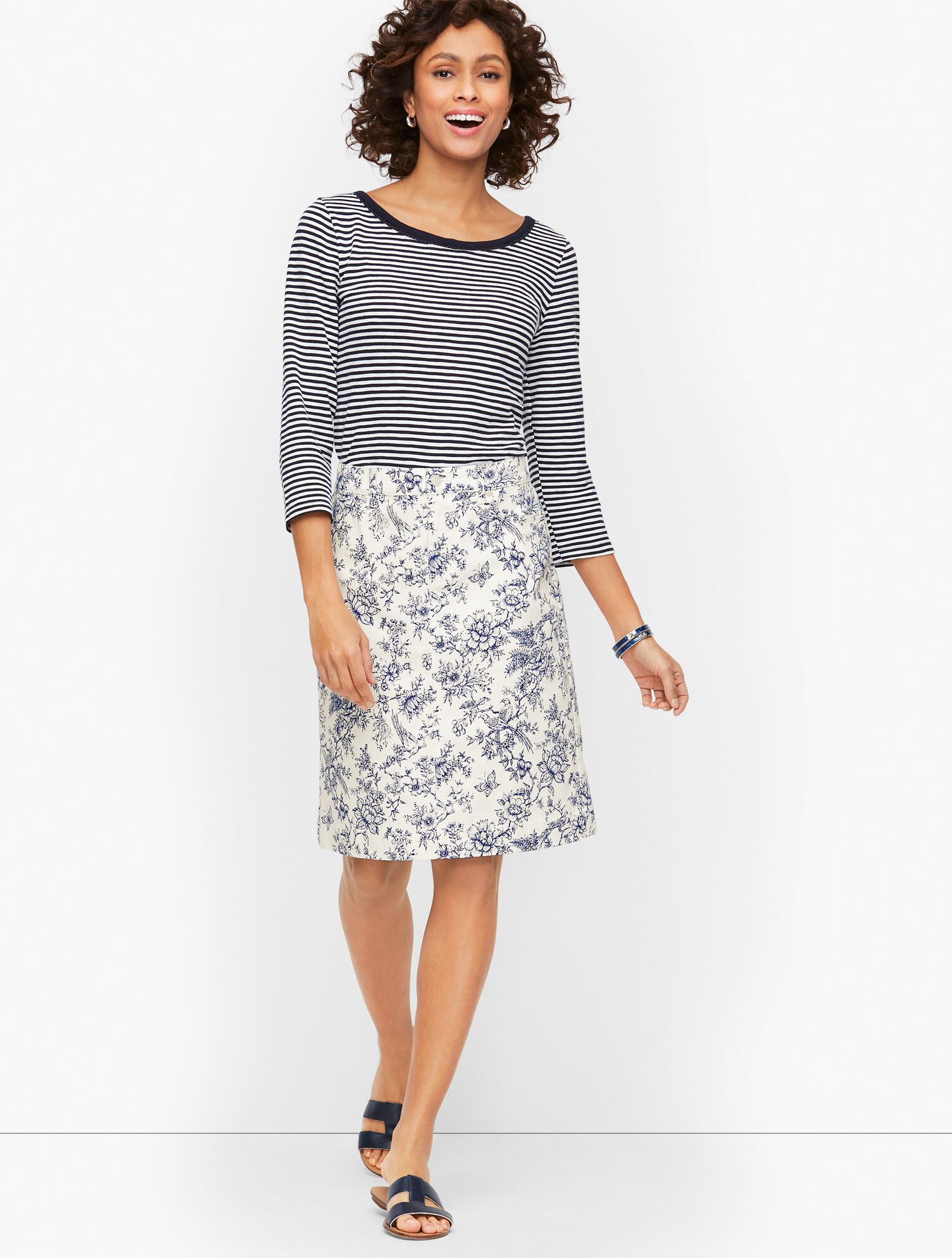 Denim A-Line Skirt - Bird Toile