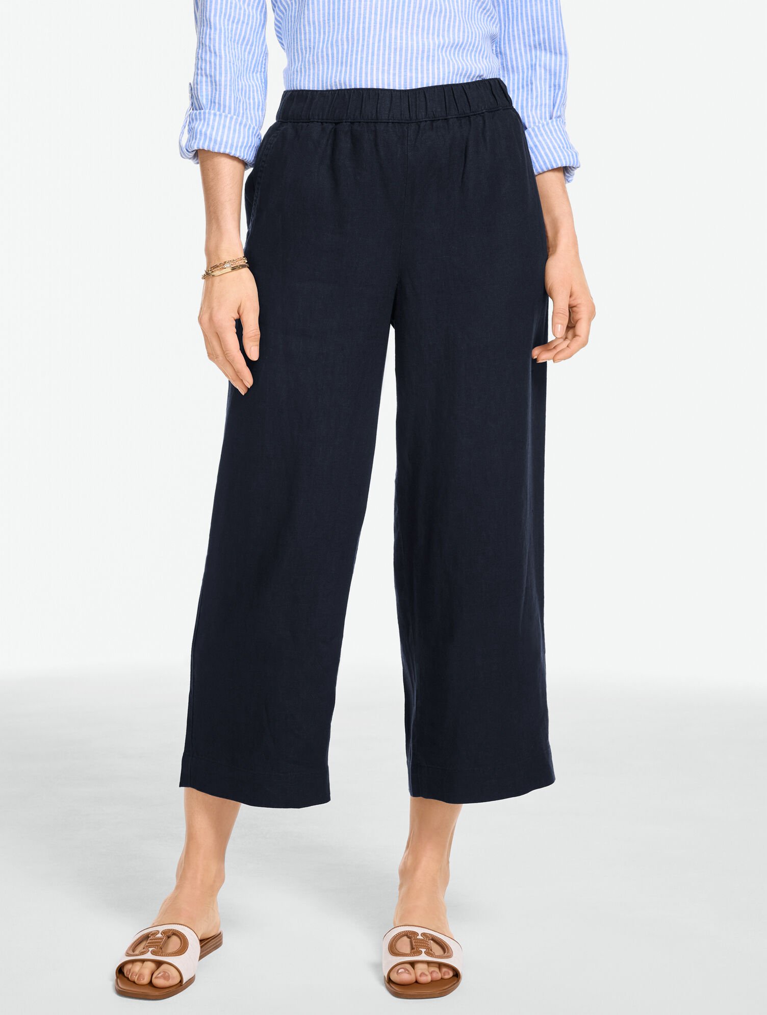 Washed Linen Wide Crop Pull-On Pants