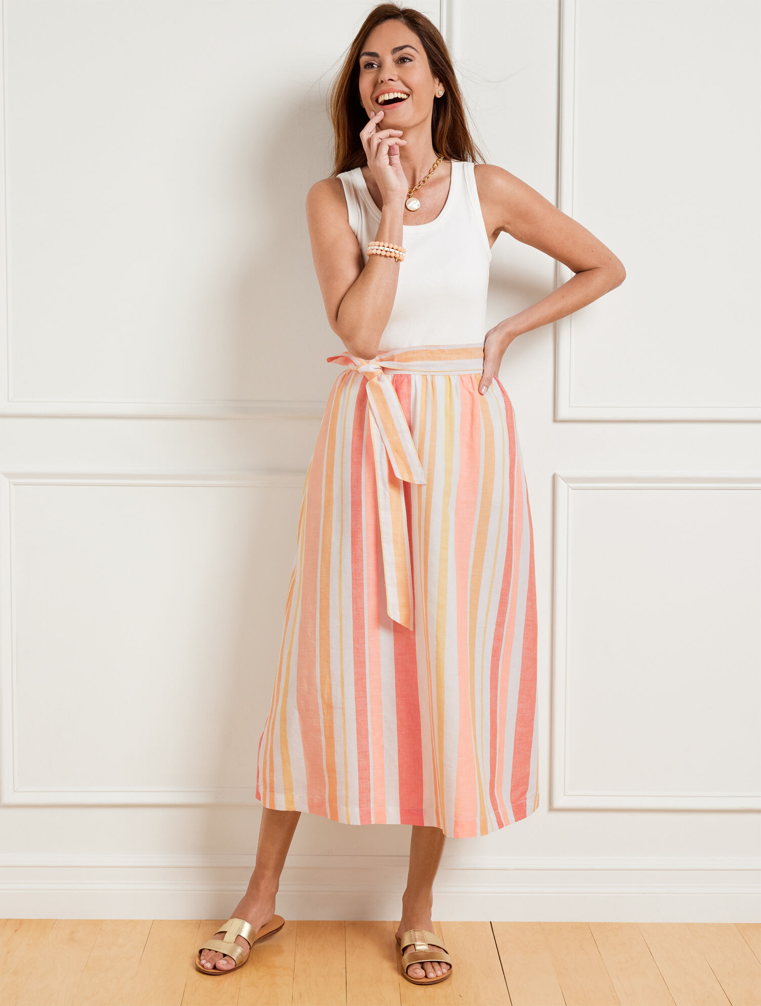 Linen Fit &amp; Flare Midi Skirt - Stripe