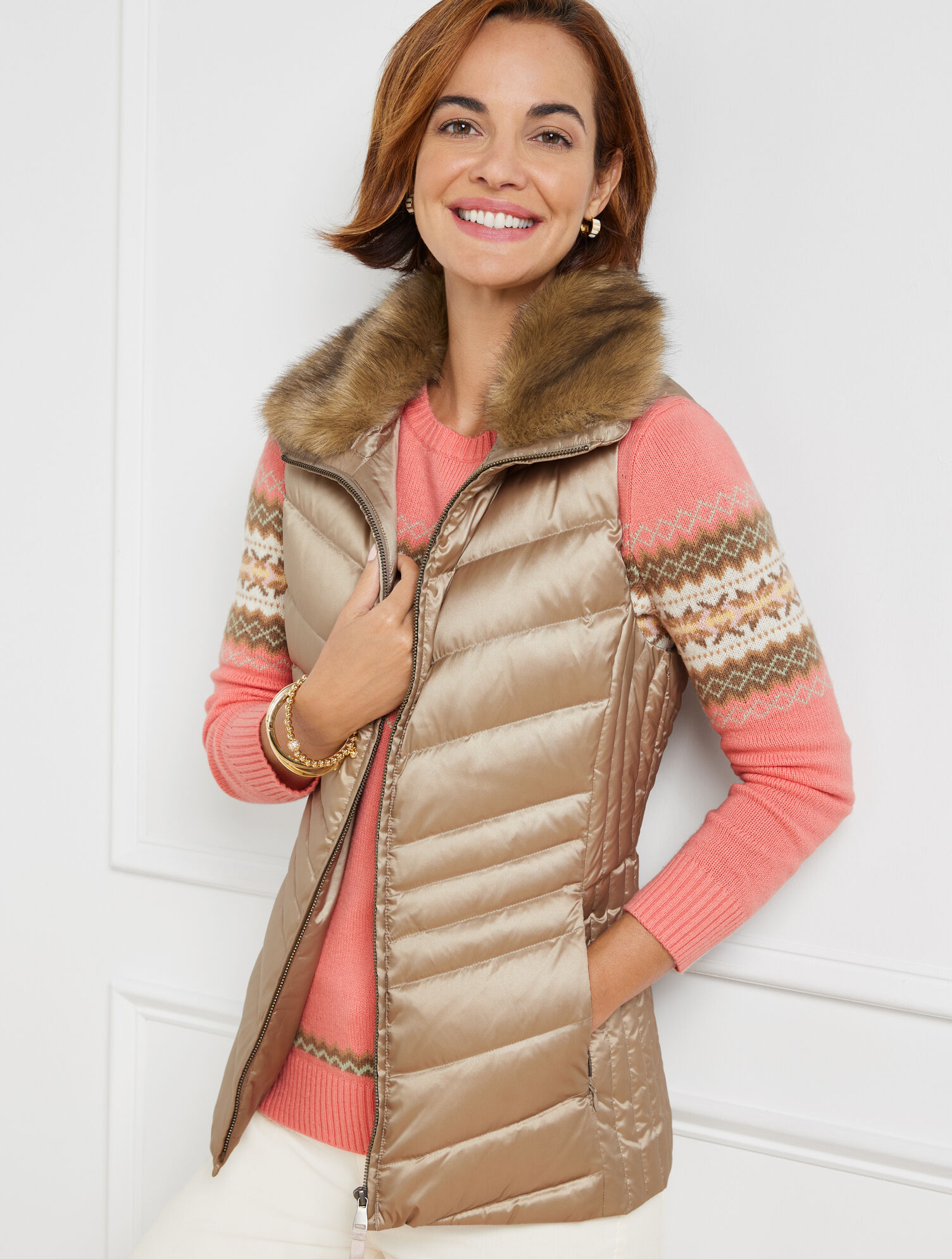 Faux Fur Collar Metallic Down Puffer Vest